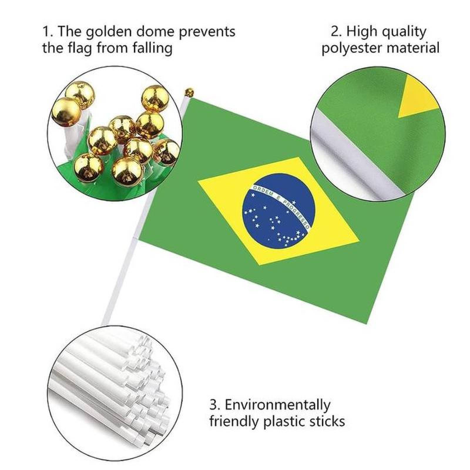 Banderilla Día de la Bandera MXBRF-008-1 100Pzas Brasil 14x21cm Tela Poliéster Asta Plástico, BRminiFlag