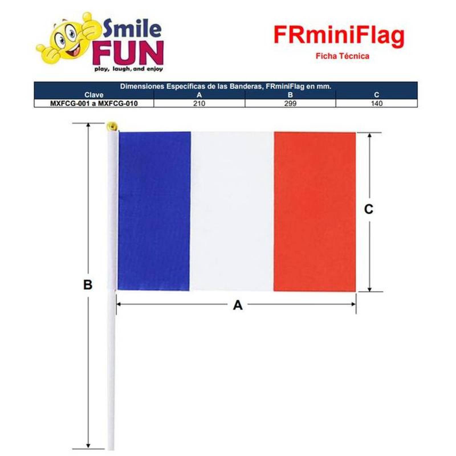 Bandera Pequeña de Francia MXFCG-008-2 100Pzas Francia 14x21cm Tela Poliéster Asta Plástico, FRminiFlag