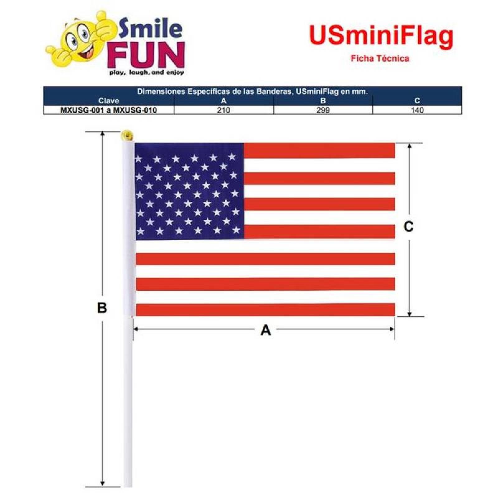 Mini Banderines Paises MXUSG-010-3 200Pzas USA 14x21cm Tela Poliéster Asta Plástico, USminiFlag