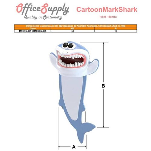 Marcapáginas Divertidos MXCKU-001-3 1Pza Tiburón Longitud 10cm PVC Azul, CartoonMarkShark