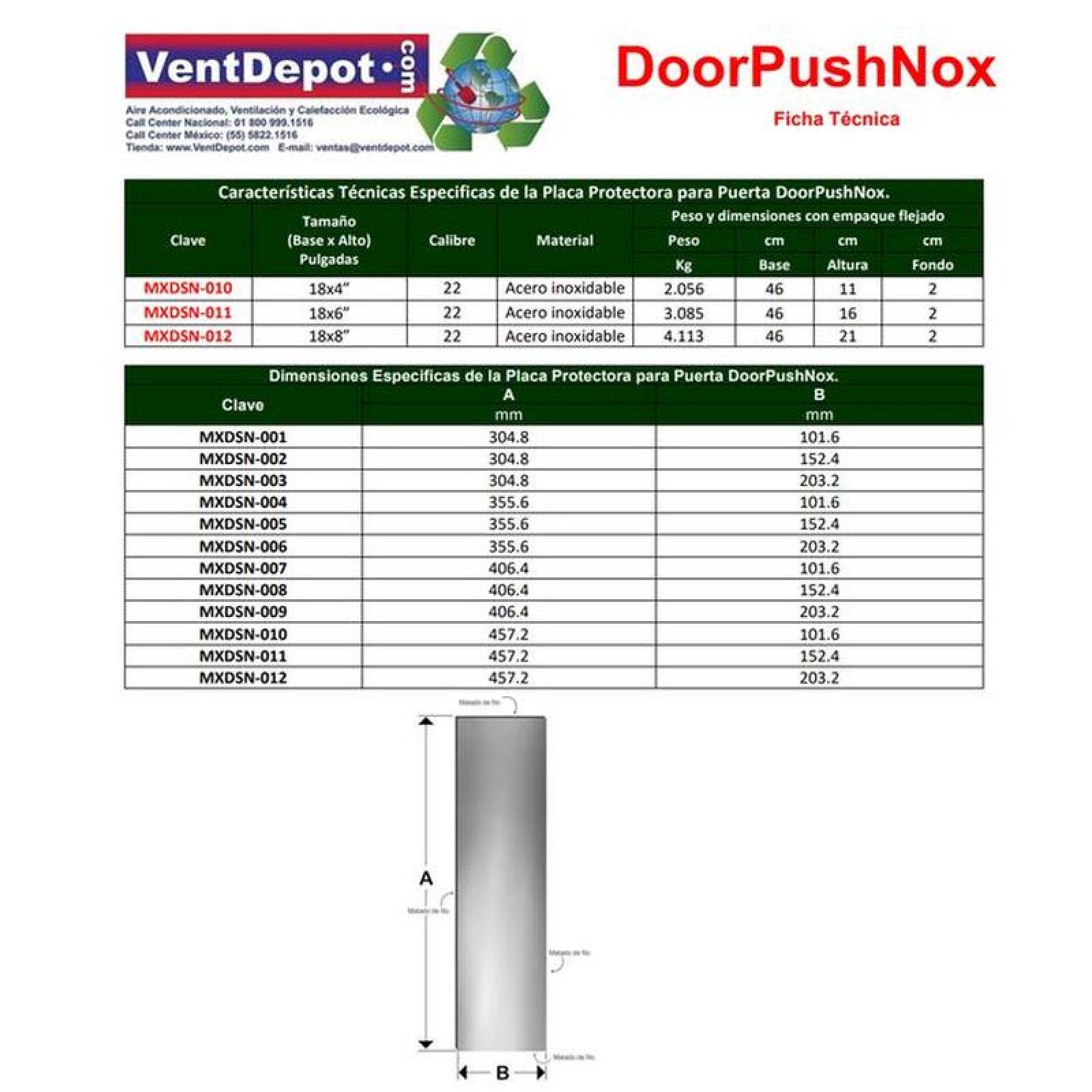 Placa para Puerta de Acero Inox MXDSN-009 16x8pulg, C,22 Acero inoxidable, DoorPushNox