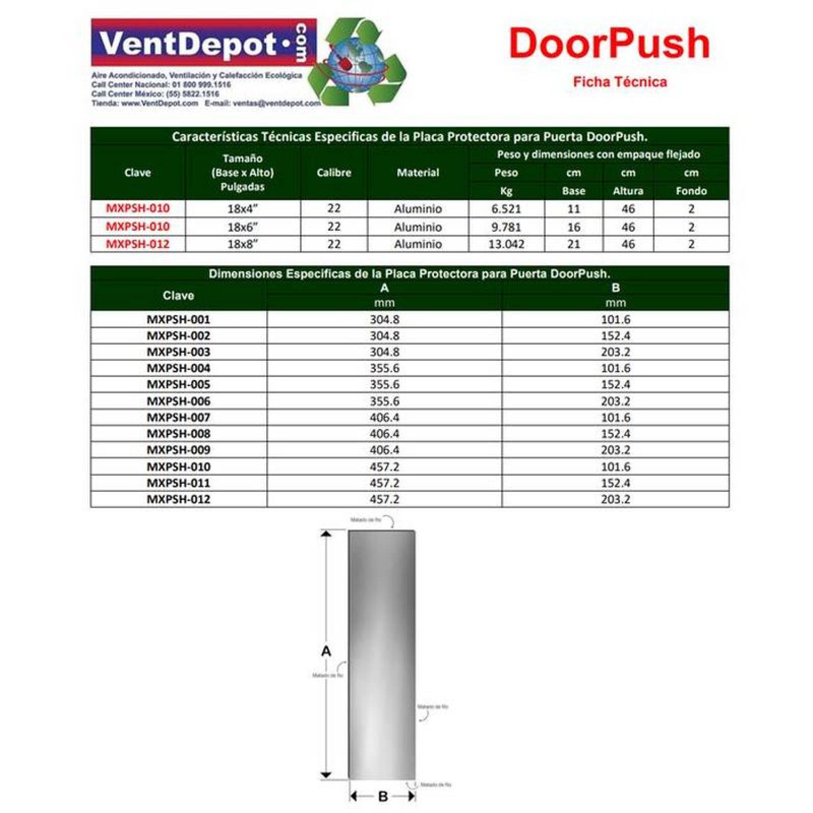 Venta de Placa Protectora Aluminio MXPSH-010 18x4pulg, C,22 Aluminio DoorPush