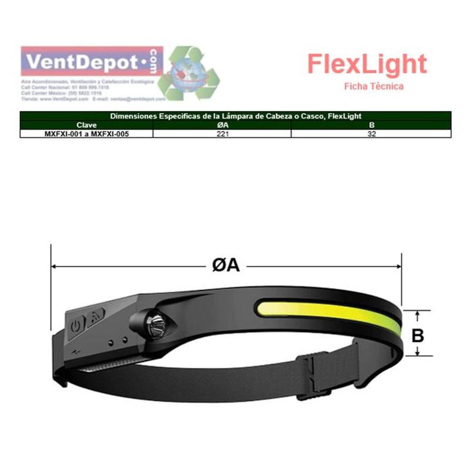Linterna de Cabeza Recargable LED MXFXI-001-5 1Pza 100m 1 Led de Pantalla 230 Grados de Apertura 350ml Recargable-C Batería Litio, FlexLight