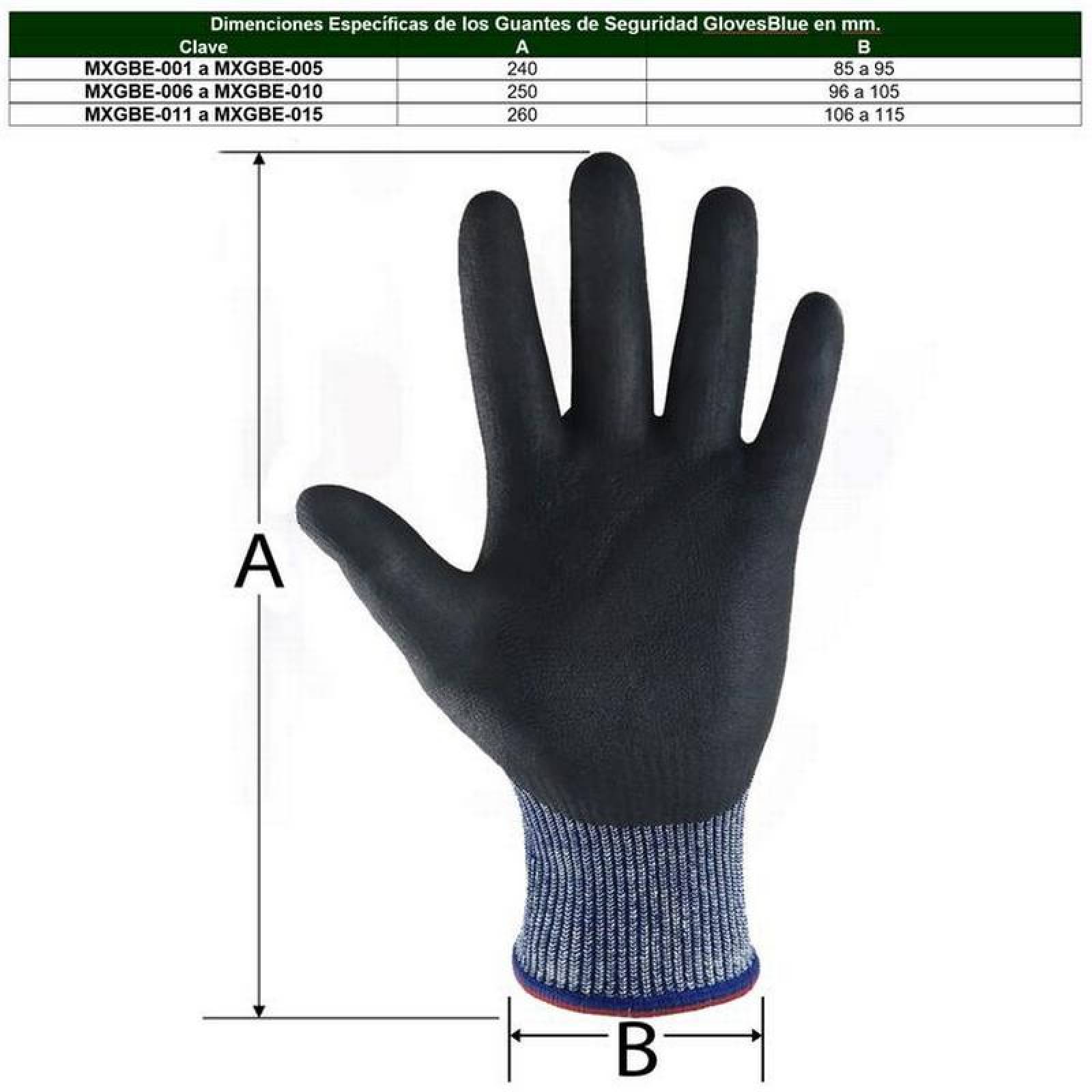 Guantes para Vidrio de Colores MXGBE-006-2 1 Par L Azul 96 a 105mm x 250mm NitriloHPPE CE EN388 Nivel 5, GlovesBlue