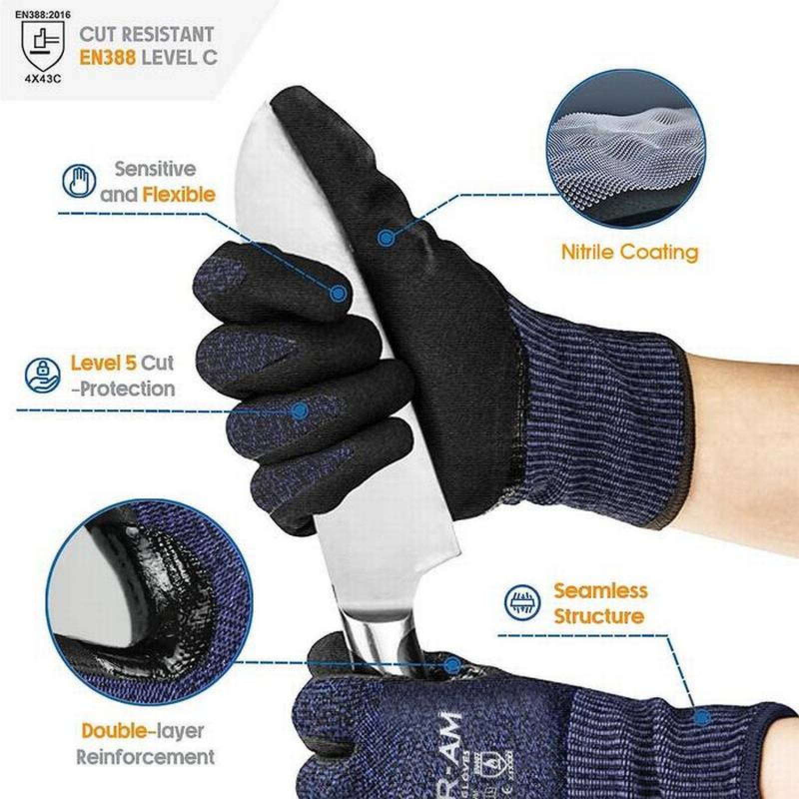 Guantes Azules para Cortar Metal MXGBE-008-2 3 Pares L Azul 96 a 105mm x 250mm NitriloHPPE CE EN388 Nivel 5, GlovesBlue