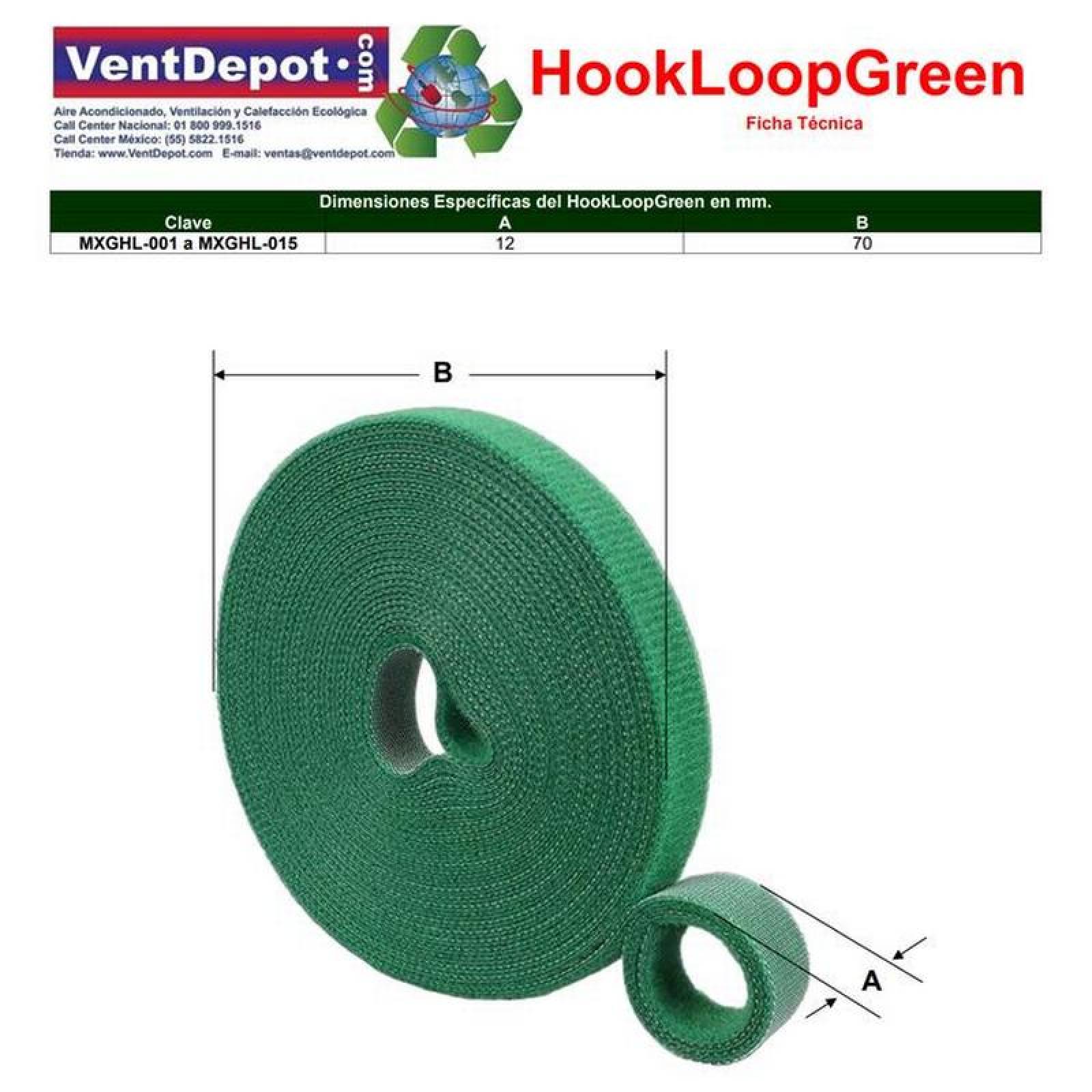 Cinta Compatible con Velcro MXGHL-004-3 4 pzas 5m 12mm Verde Rollo Velcro Doble Cara Hook Loop, HookLoopGreen
