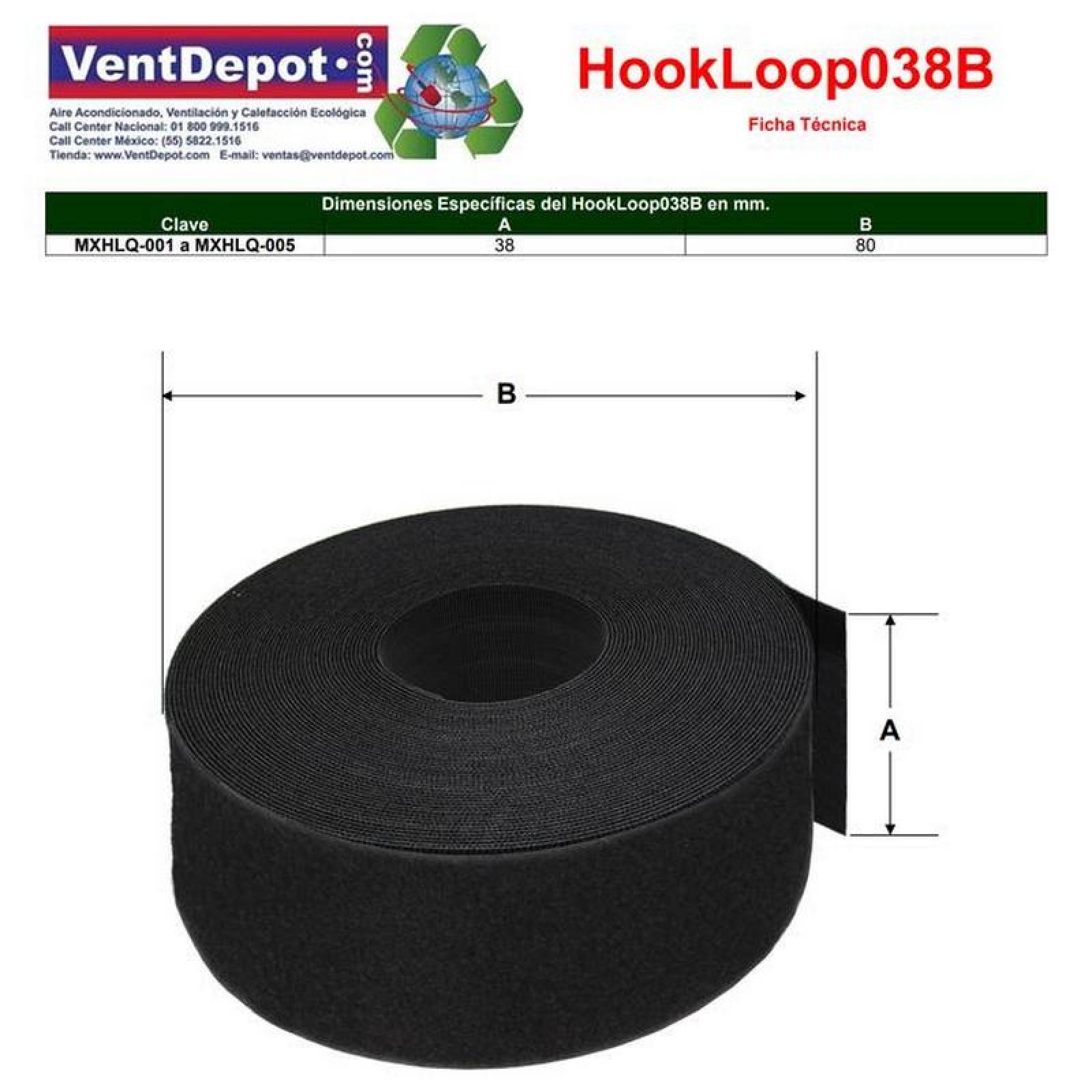Cierre Textil Alta Resistencia MXHLQ-005-3 5 pzas 38mm 5m Negro Rollo Velcro Hook Loop, HookLoop038B