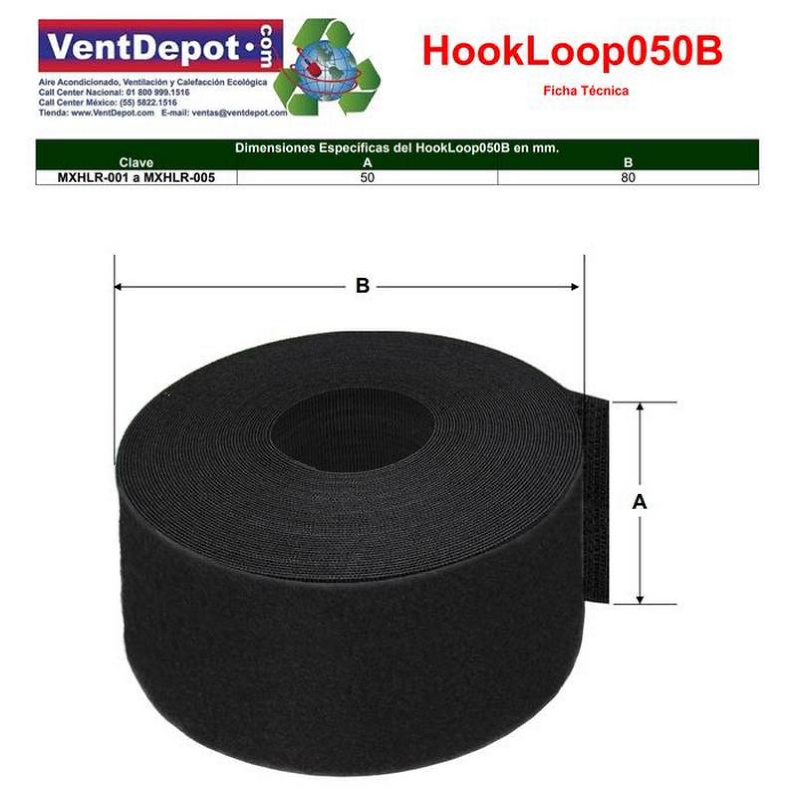 Rollo de Gancho y Bucle MXHLR-001-2 1 pza 50mm 5m Negro Rollo Velcro Hook Loop, HookLoop050B