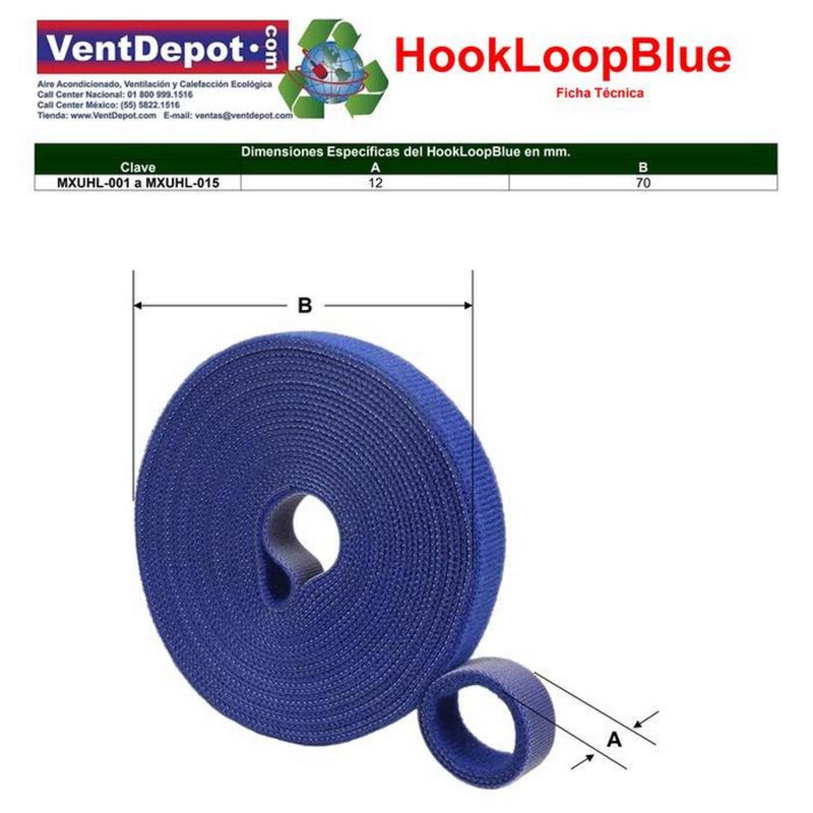 Cinta para Cables MXUHL-001-3 1 pza 5m 12mm Azul Rollo Velcro Doble Cara Hook Loop, HookLoopBlue