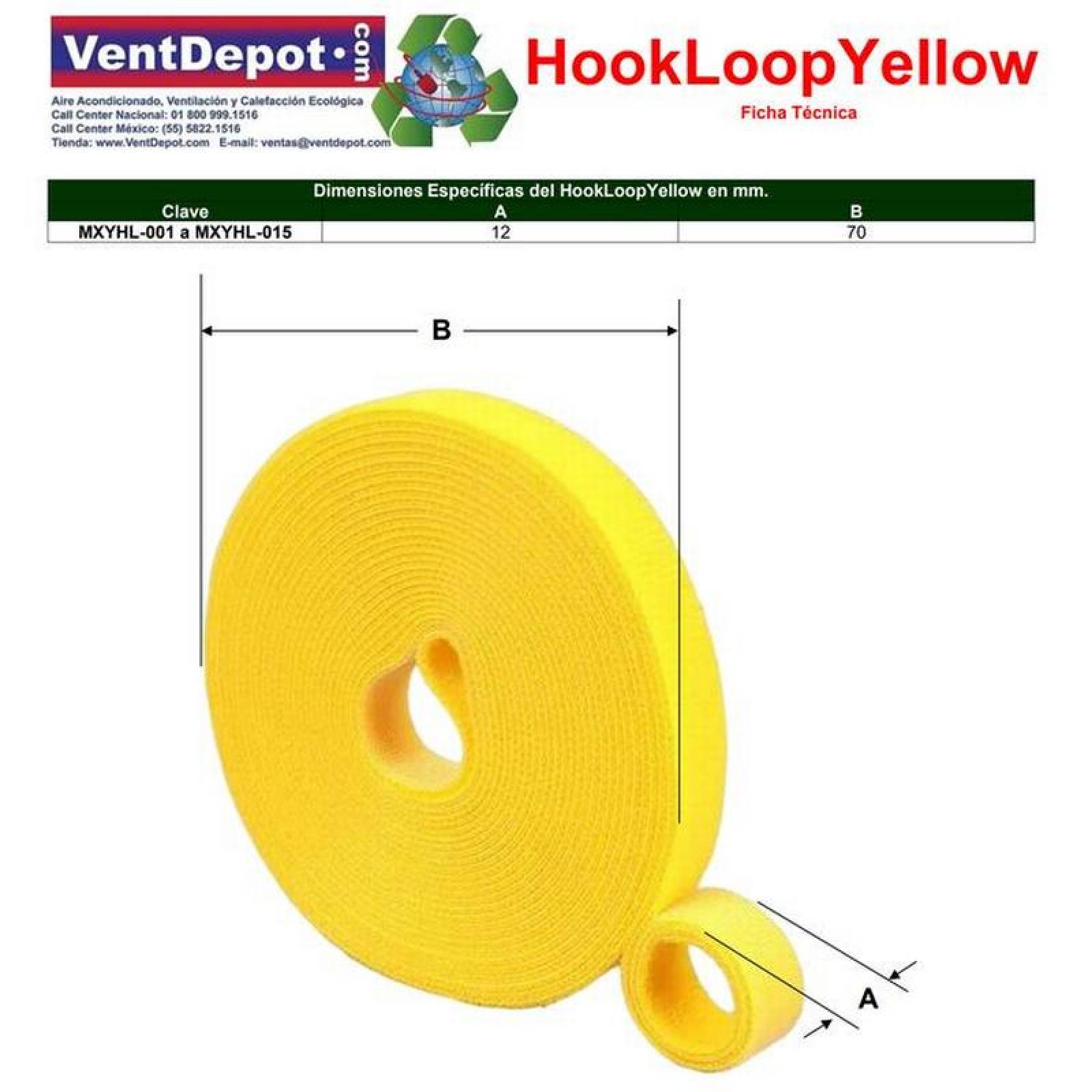 Bucle y Gancho MXYHL-001-1 1 pza 5m 12mm Amarillo Rollo Velcro Doble Cara Hook Loop, HookLoopYellow
