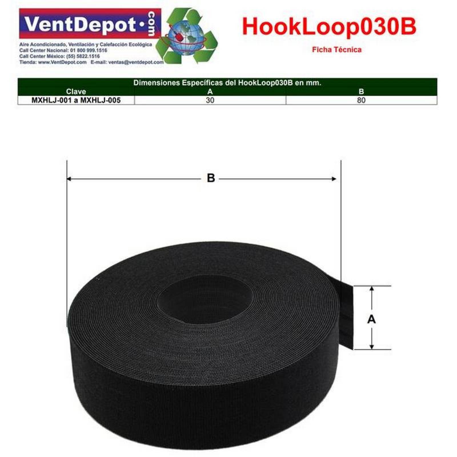 Cinta para Organizar Herramientas MXHLJ-001-4 1 pza 30mm 5m Negro Rollo Velcro Hook Loop, HookLoop030B