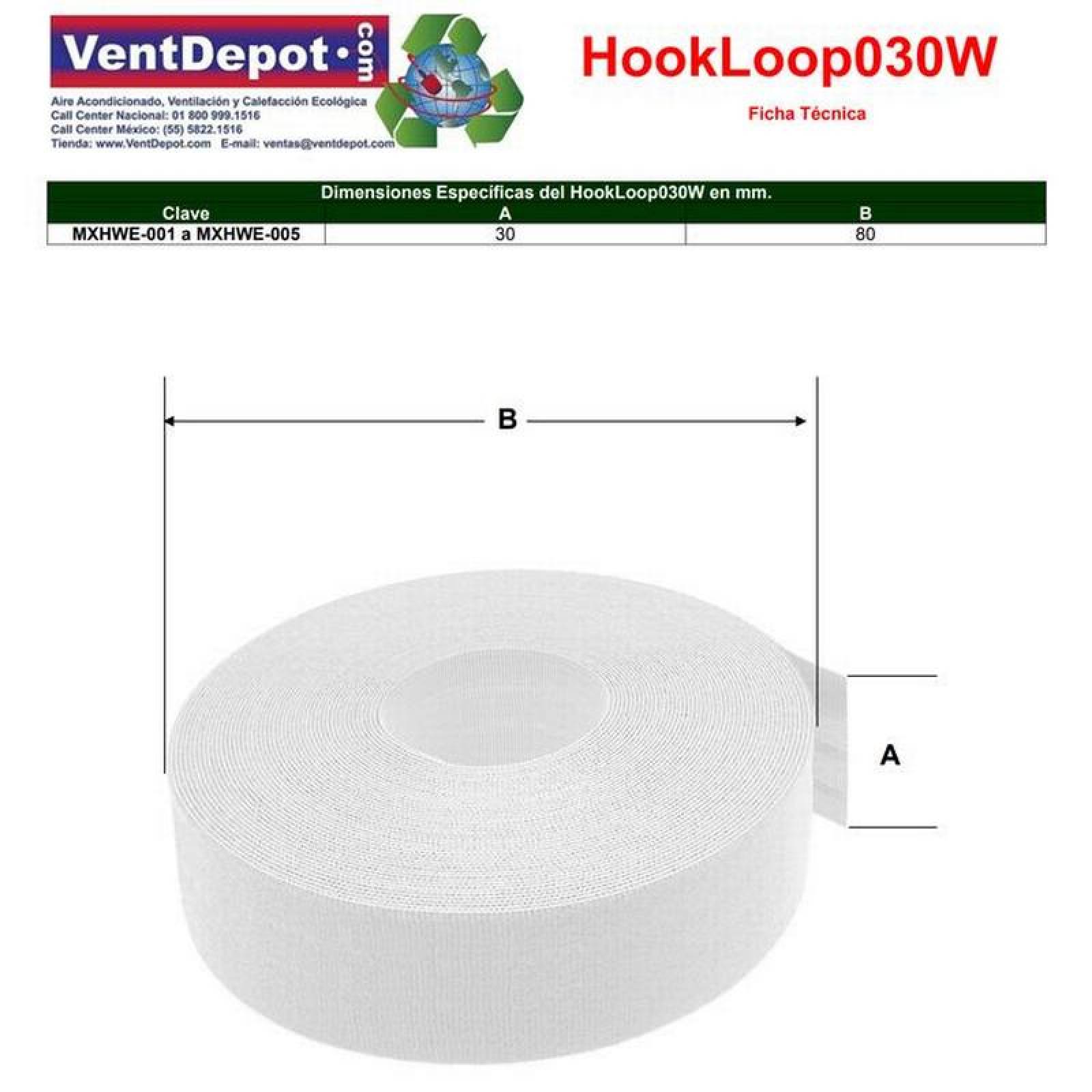 Cinta Broche de Contacto MXHWE-003-6 3 pzas 30mm 5m Blanco Rollo Velcro Hook Loop, HookLoop030W