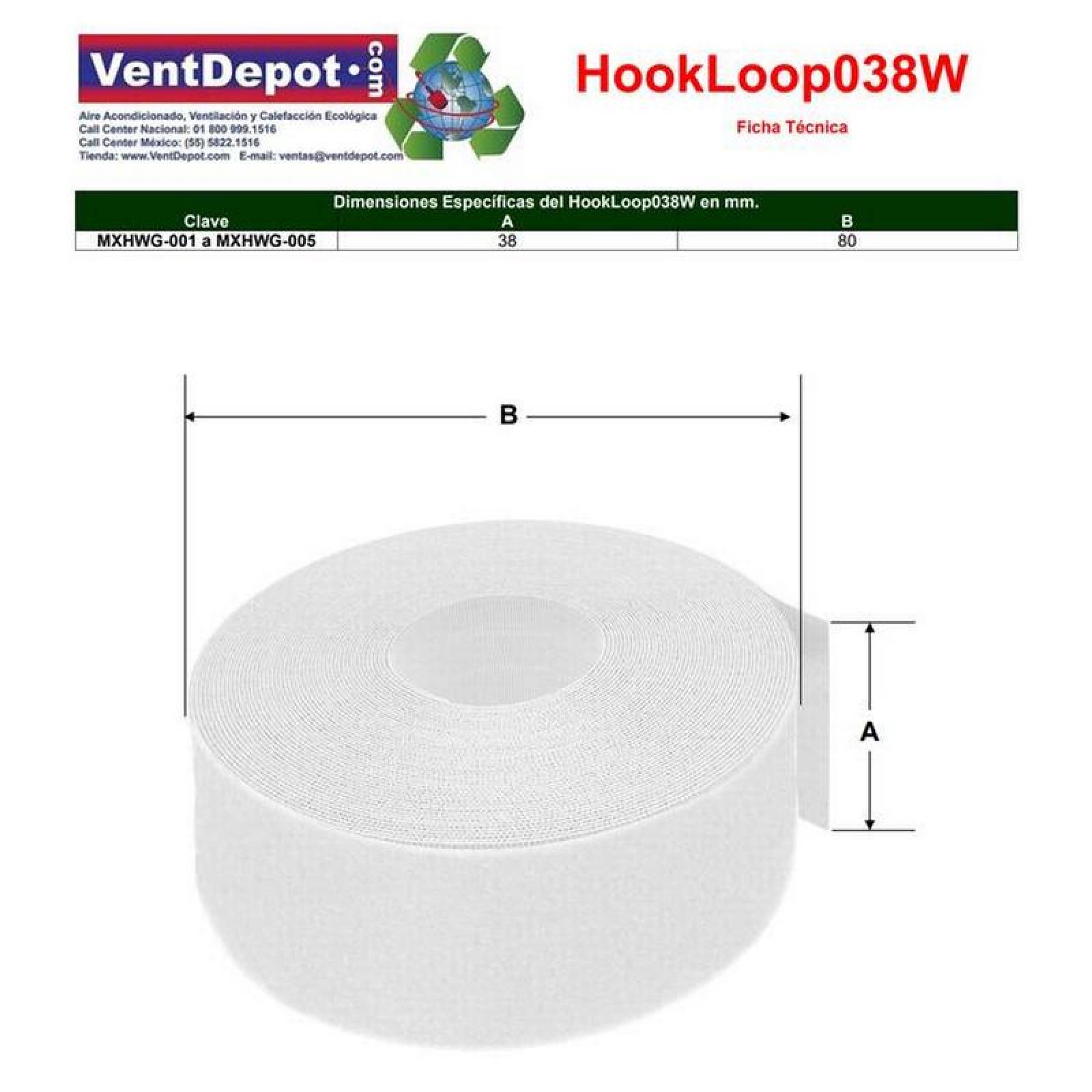 Cinta Bucle y Gancho Ferretería MXHWG-003-4 3 pzas 38mm 5m Blanco Rollo Velcro Hook Loop, HookLoop038W