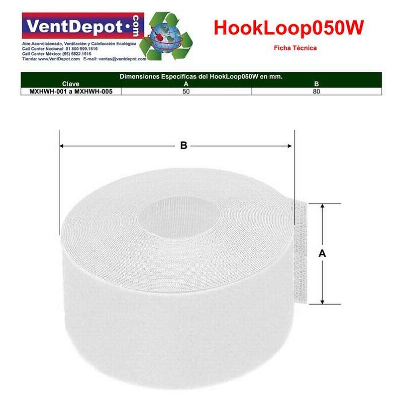Cinta de Gancho y Bucle Robusta MXHWH-005-5 5 pzas 50mm 5m Blanco Rollo Velcro Hook Loop, HookLoop050W