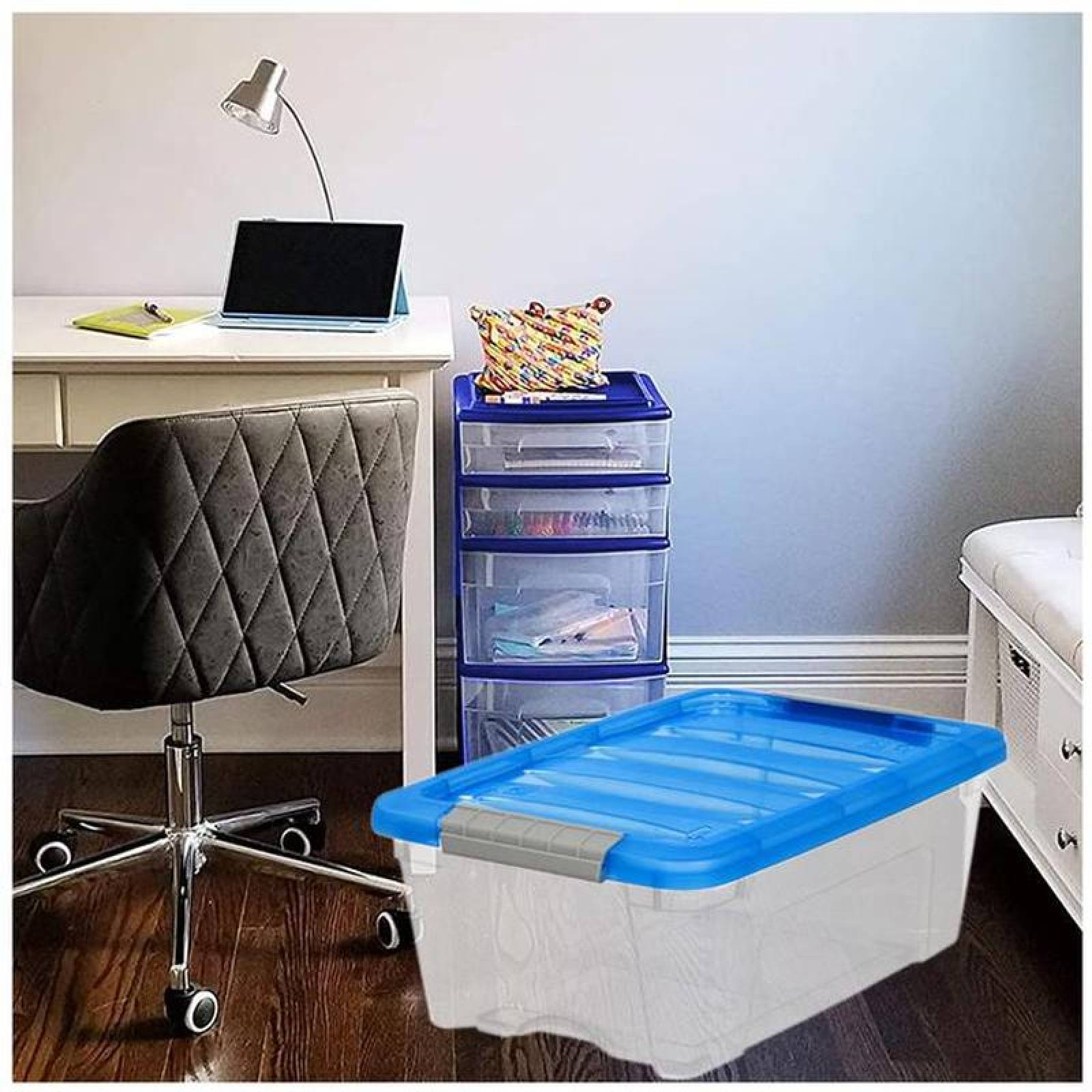 Cajas de Almacenamiento Resistentes MXBXS-004-5 4Pzas 12L 48,9x27,8x16,5cm Apilable Hebilla Polietileno TransparenteAzul, BoxPlus12