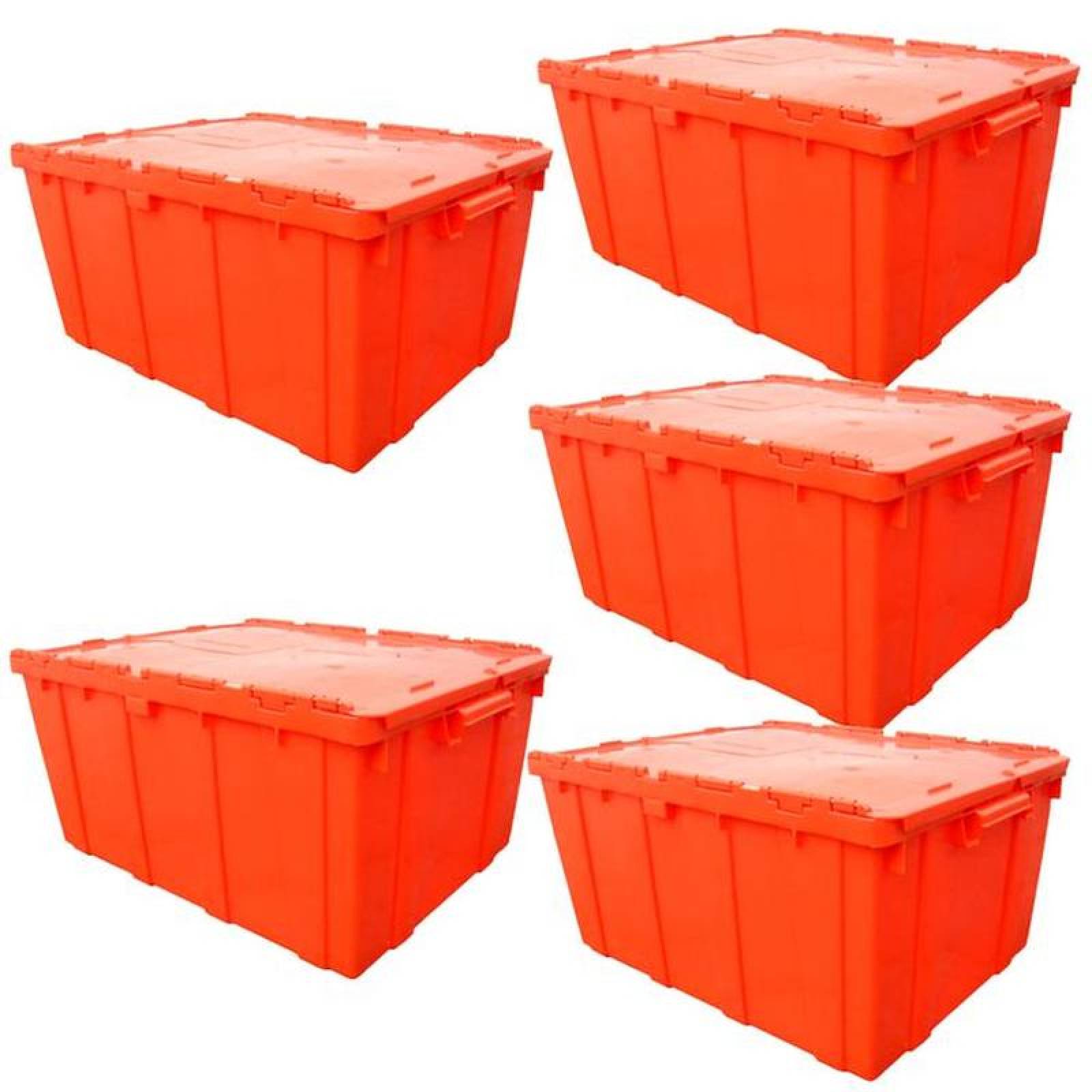 Caja Organizadora con Tapa Bisagras MXCIG-005-1 5 Pzas 35kg 50x30x21cm Apilable Bisagras Polietileno Color Naranja, StorBox