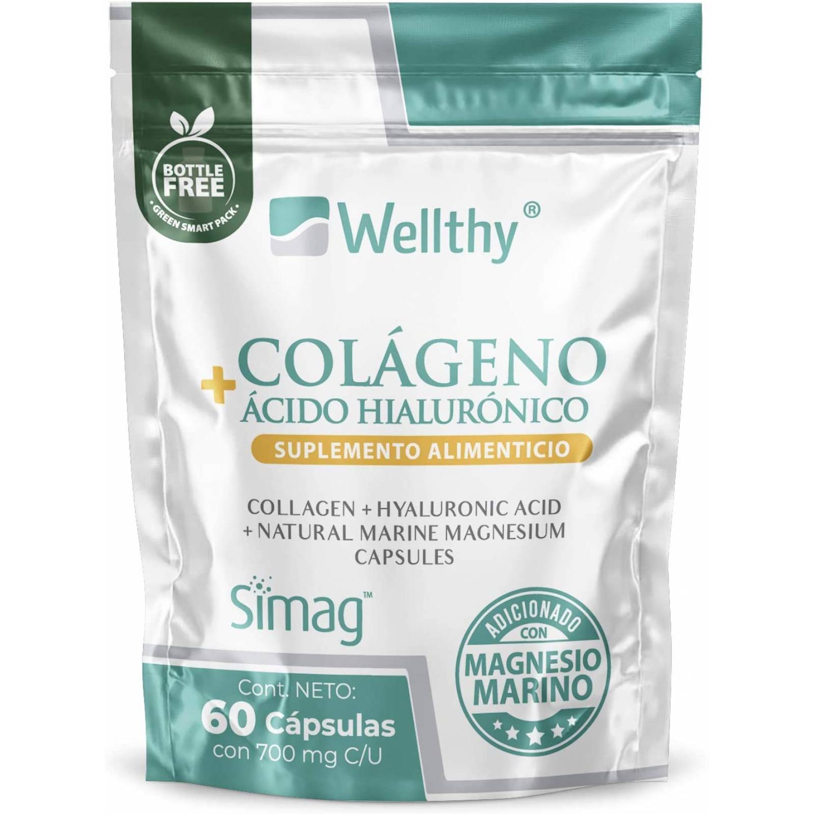 Colageno hidrolizado + acido hialuronico + magnesio marino Wellthy 60 caps