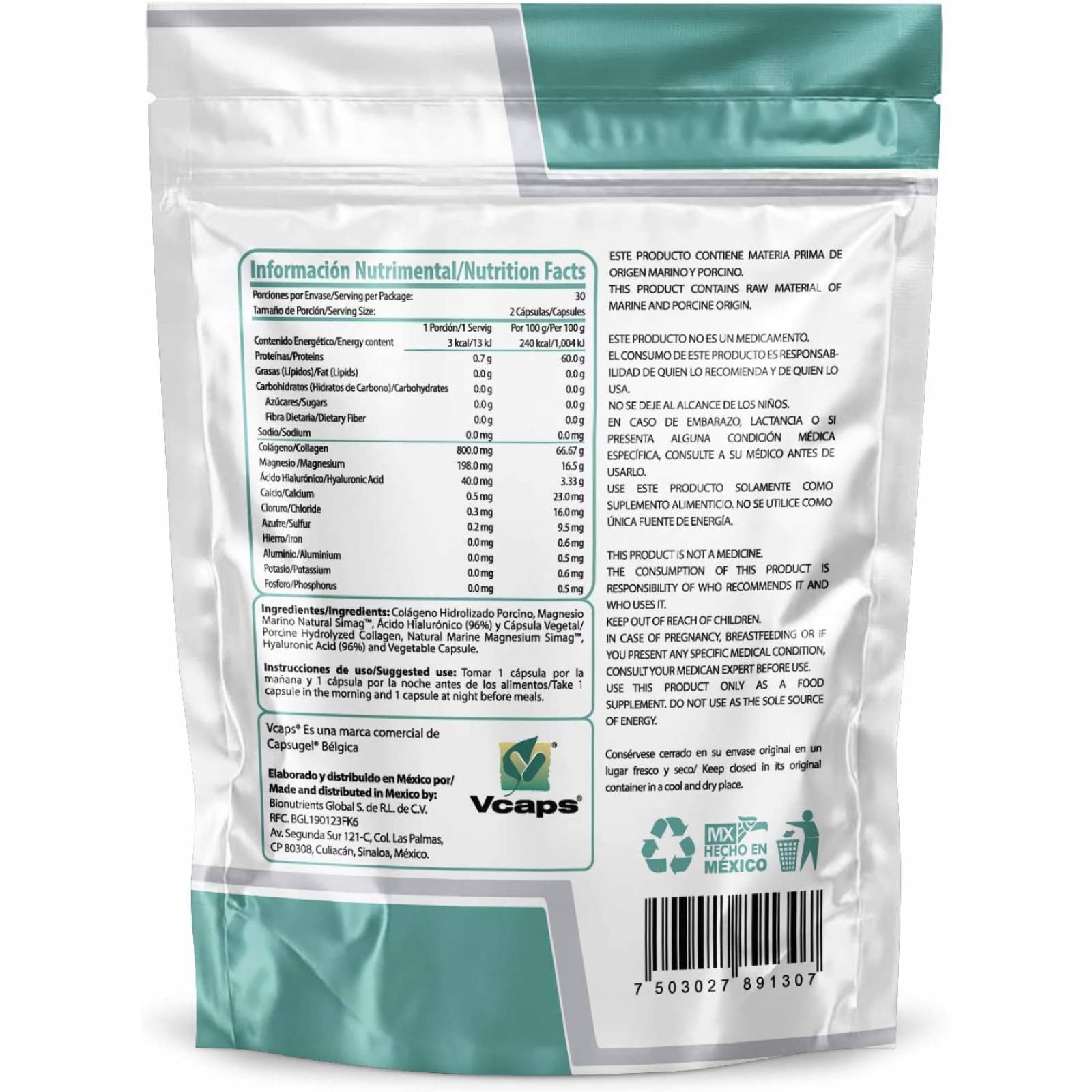 Colageno hidrolizado + acido hialuronico + magnesio marino Wellthy 60 caps