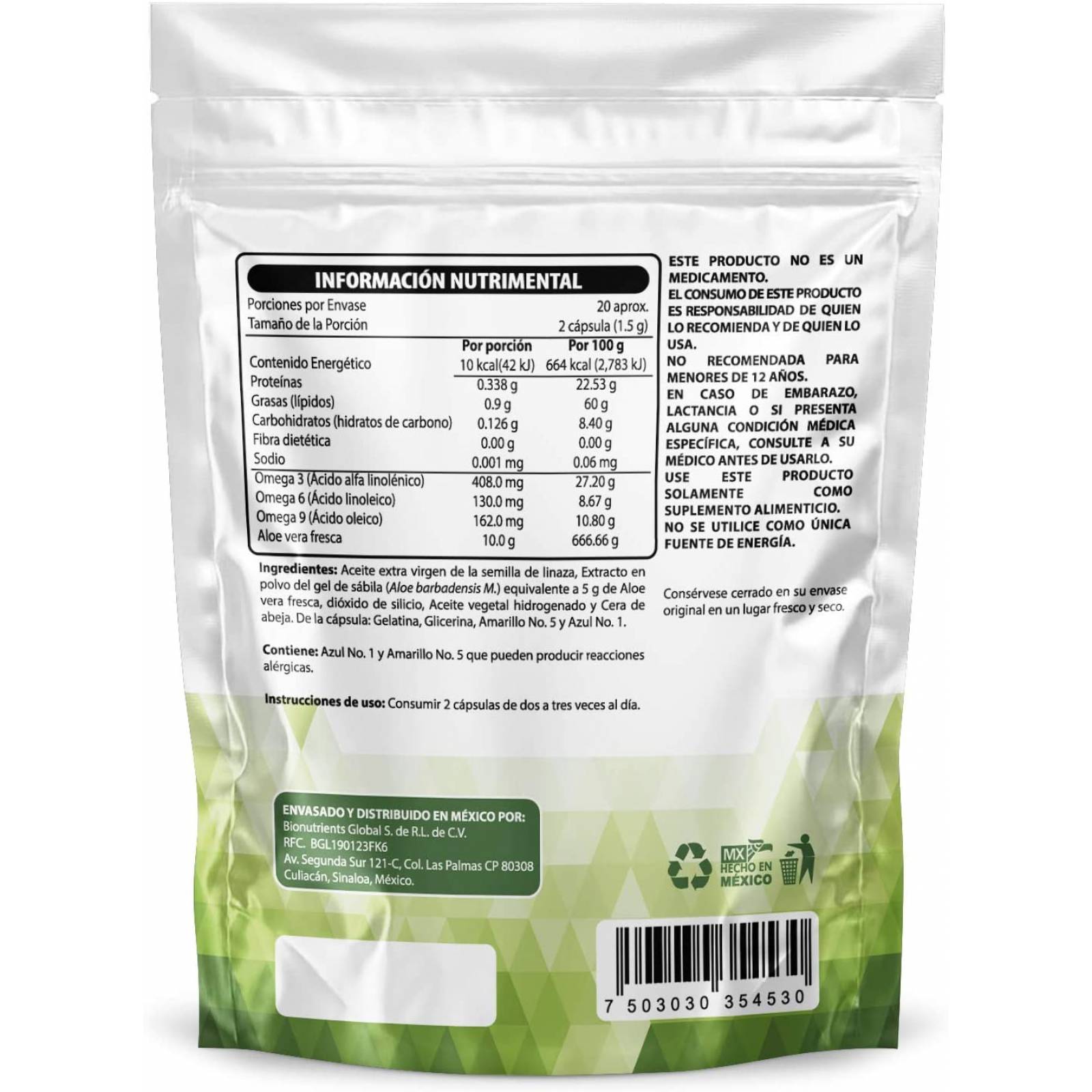 Sábila Wellthy 120 cápsulas en Bottle Free Pack