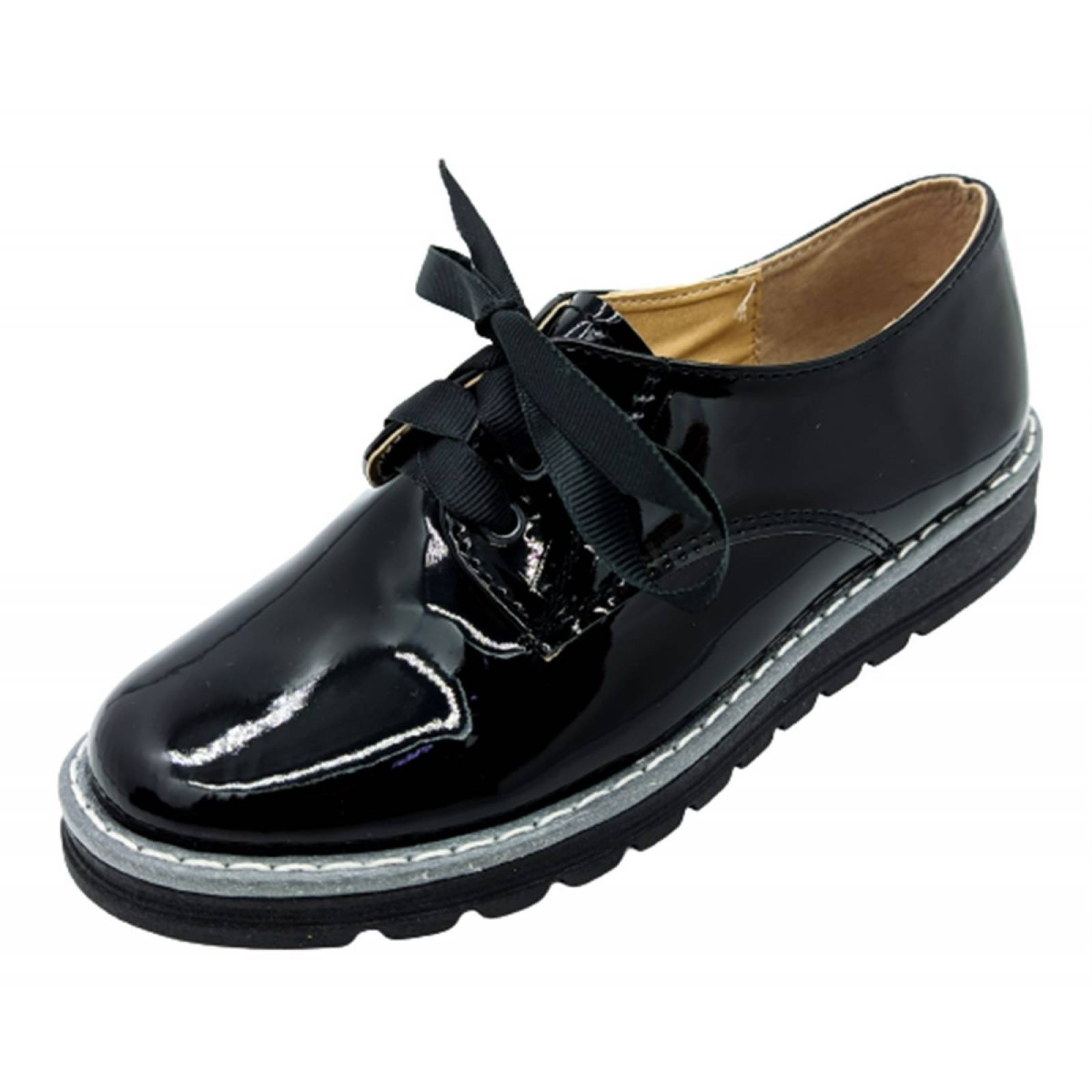 Zapatos Mujer Negro Charol Escolar Niñas Agujeta Casual 601.