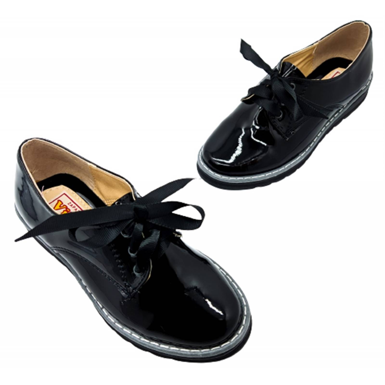 Zapatos Mujer Negro Charol Escolar Niñas Agujeta Casual 601.