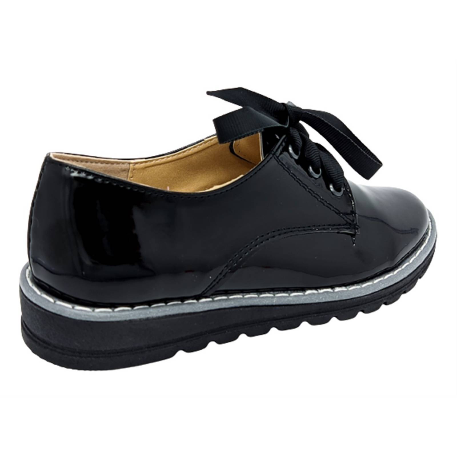 Zapatos Mujer Negro Charol Escolar Niñas Agujeta Casual 601.