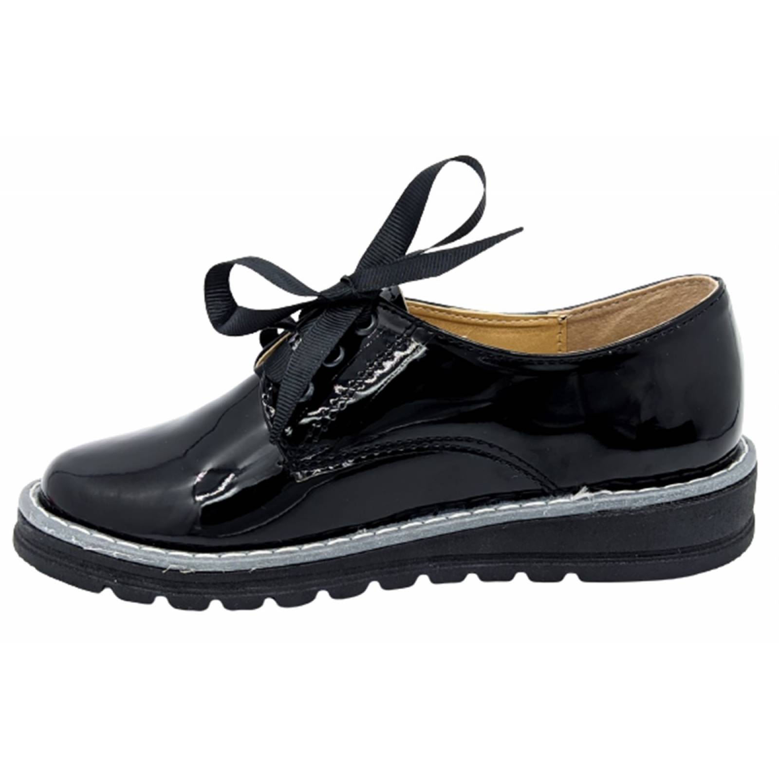 Zapatos Mujer Negro Charol Escolar Niñas Agujeta Casual 601.
