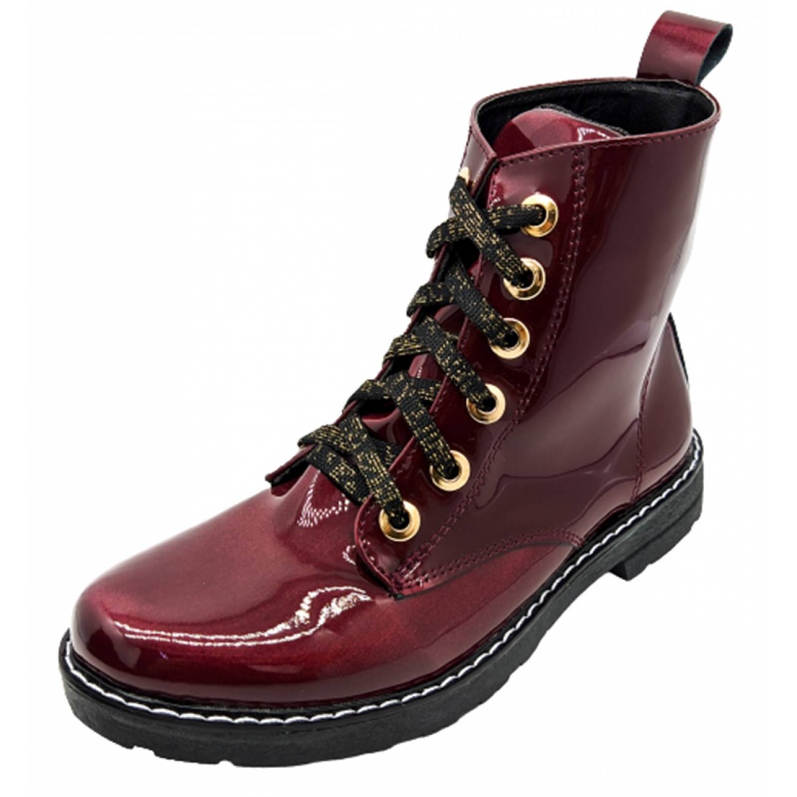 Botas Niña Rockera Combat Charol Casual Botín 3041 Vino