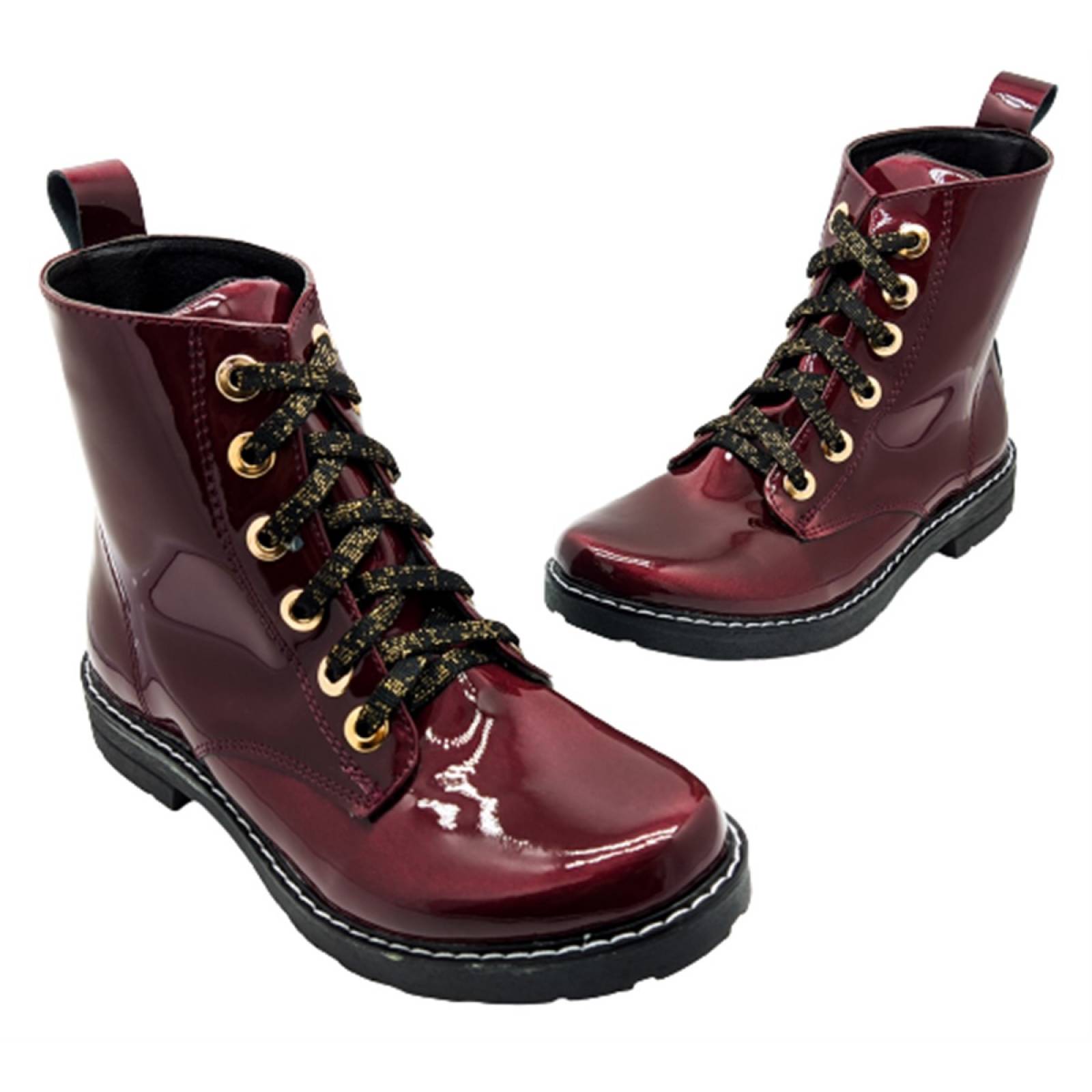 Botas Niña Rockera Combat Charol Casual Botín 3041 Vino