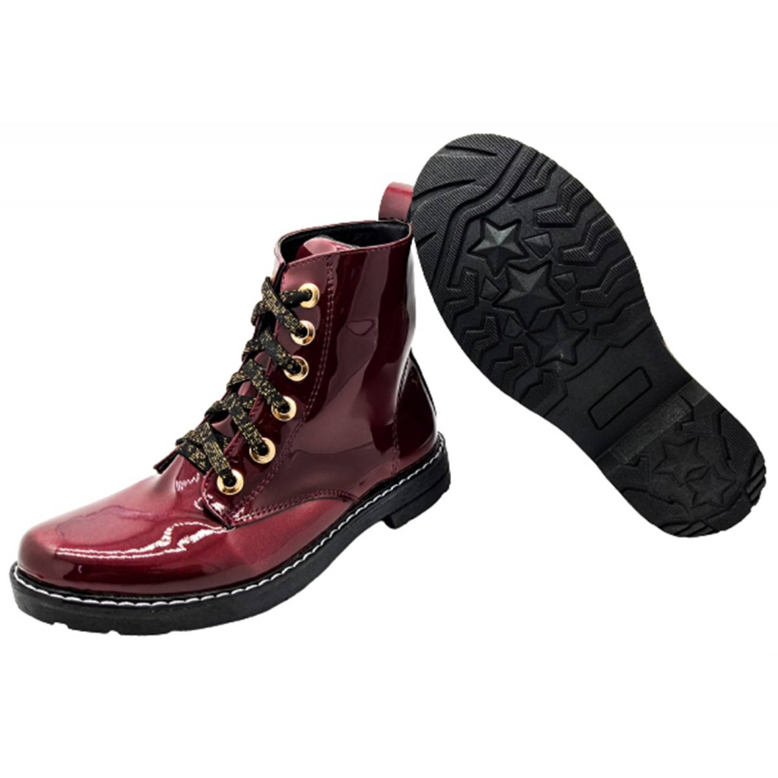 Botas Niña Rockera Combat Charol Casual Botín 3041 Vino