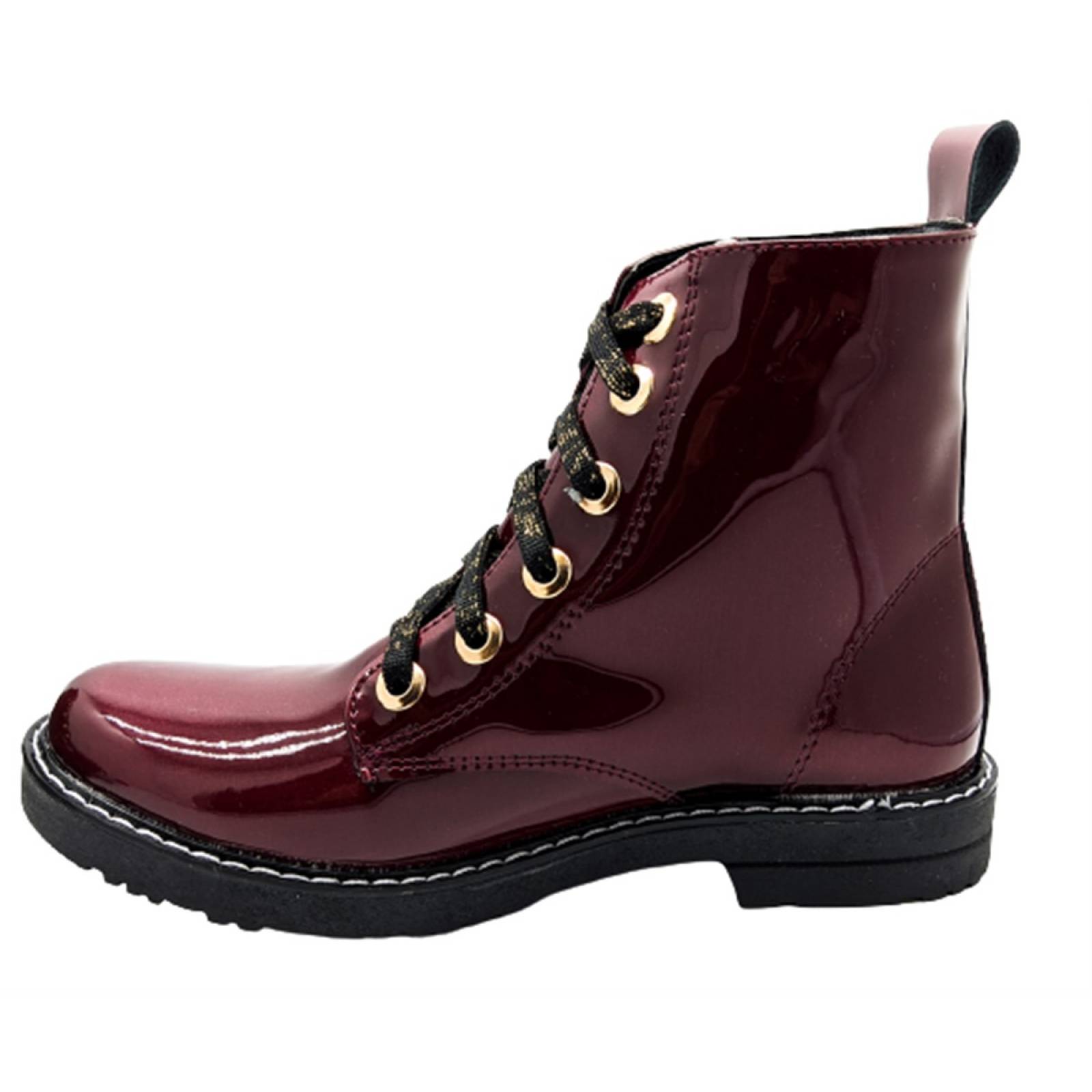 Botas Niña Rockera Combat Charol Casual Botín 3041 Vino