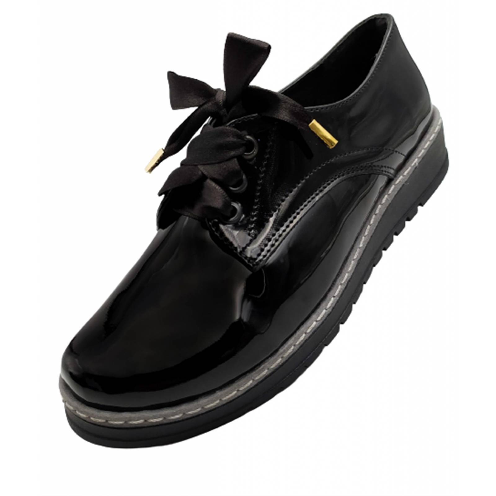 Zapato Mujer Negro Charol Escolar Niña Agujeta Casual 601-GA.