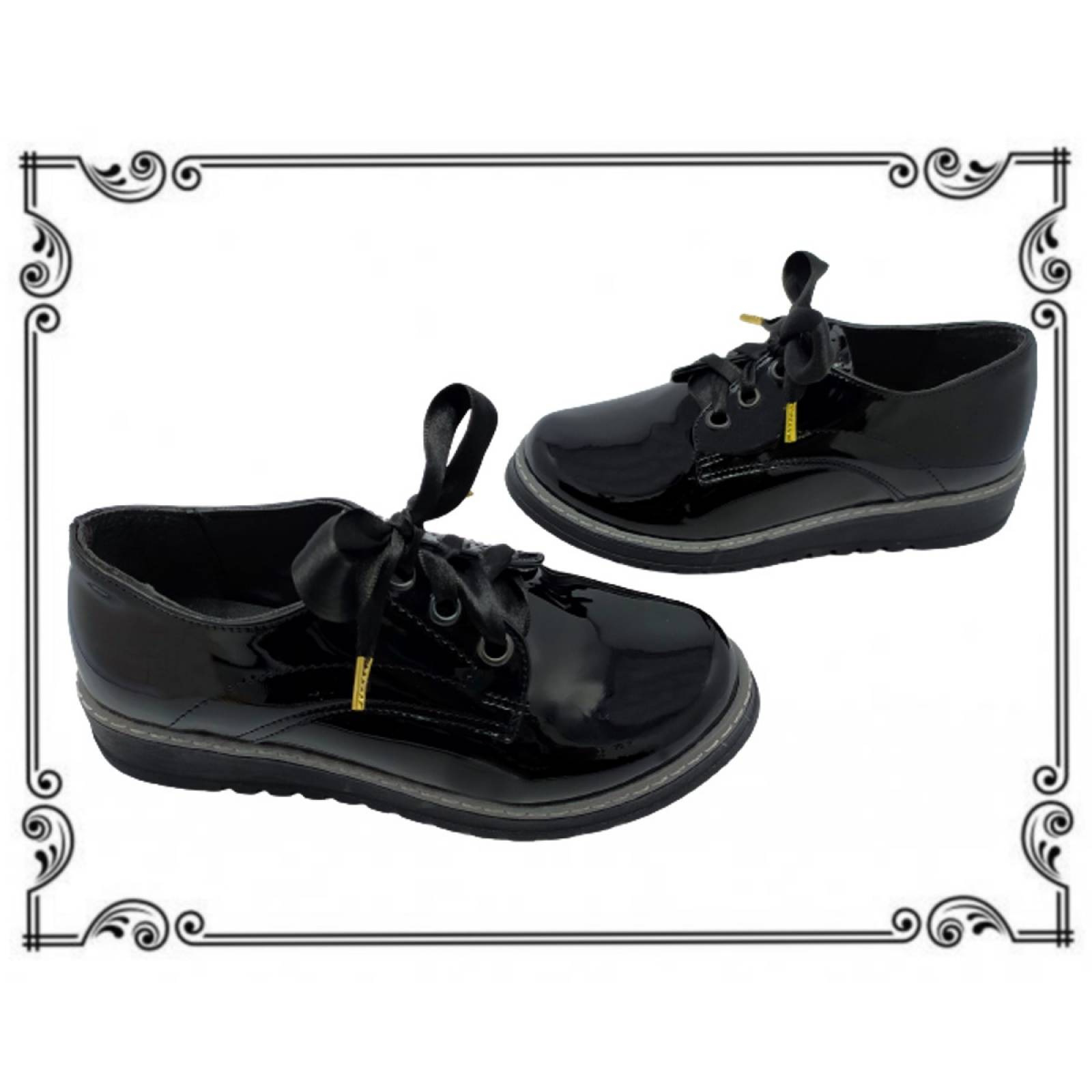 Zapato Mujer Negro Charol Escolar Niña Agujeta Casual 601-GA.