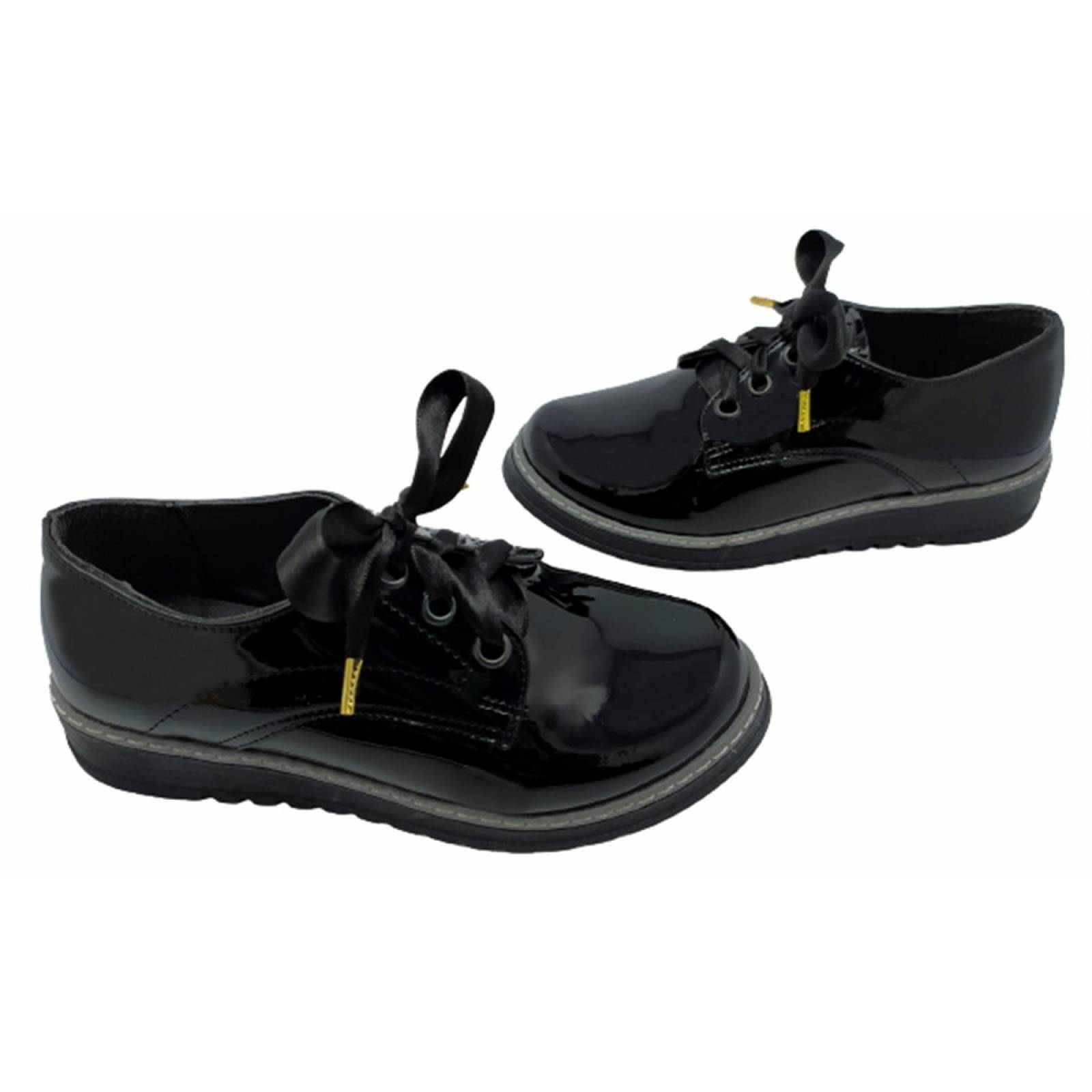 Zapato Mujer Negro Charol Escolar Niña Agujeta Casual 601-GA.