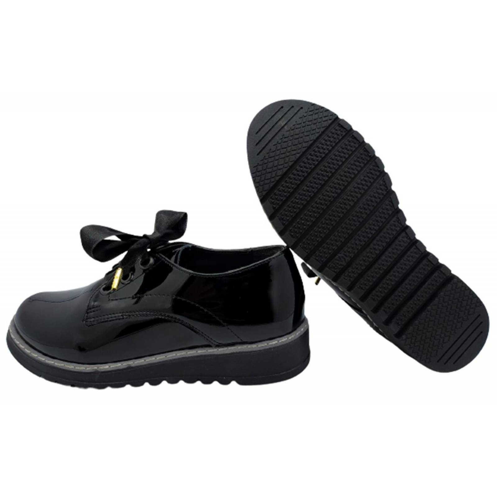Zapato Mujer Negro Charol Escolar Niña Agujeta Casual 601-GA.