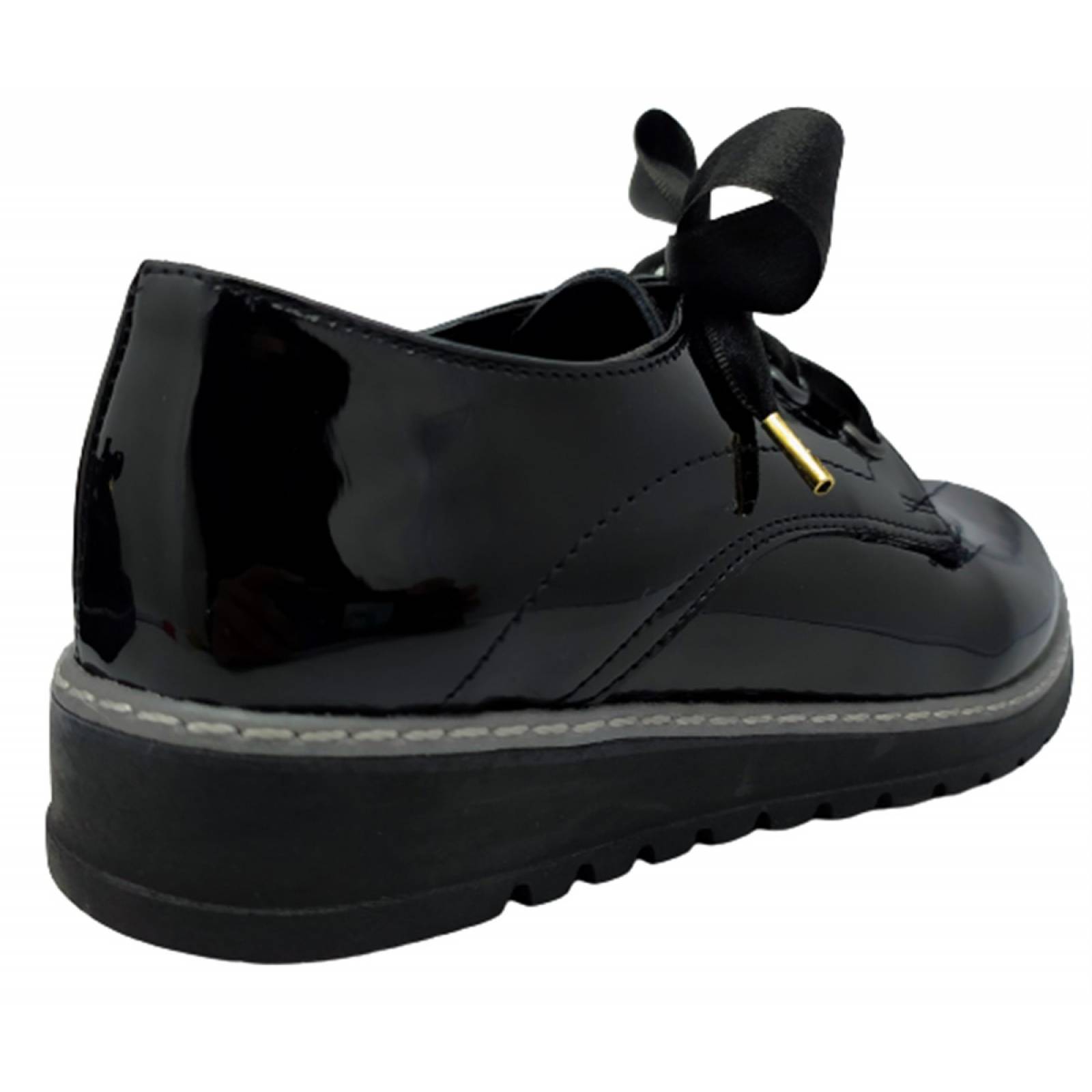 Zapato Mujer Negro Charol Escolar Niña Agujeta Casual 601-GA.