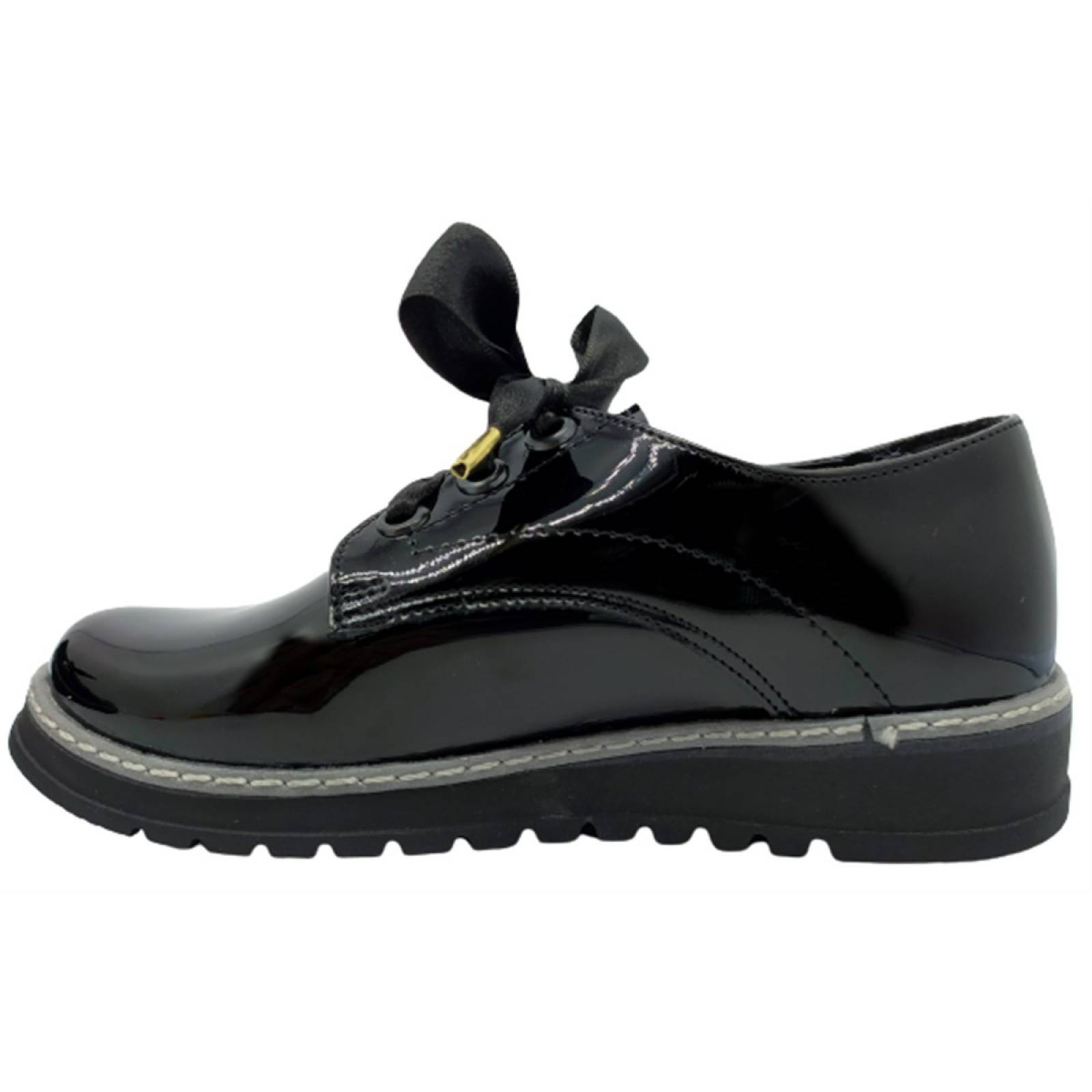 Zapato Mujer Negro Charol Escolar Niña Agujeta Casual 601-GA.