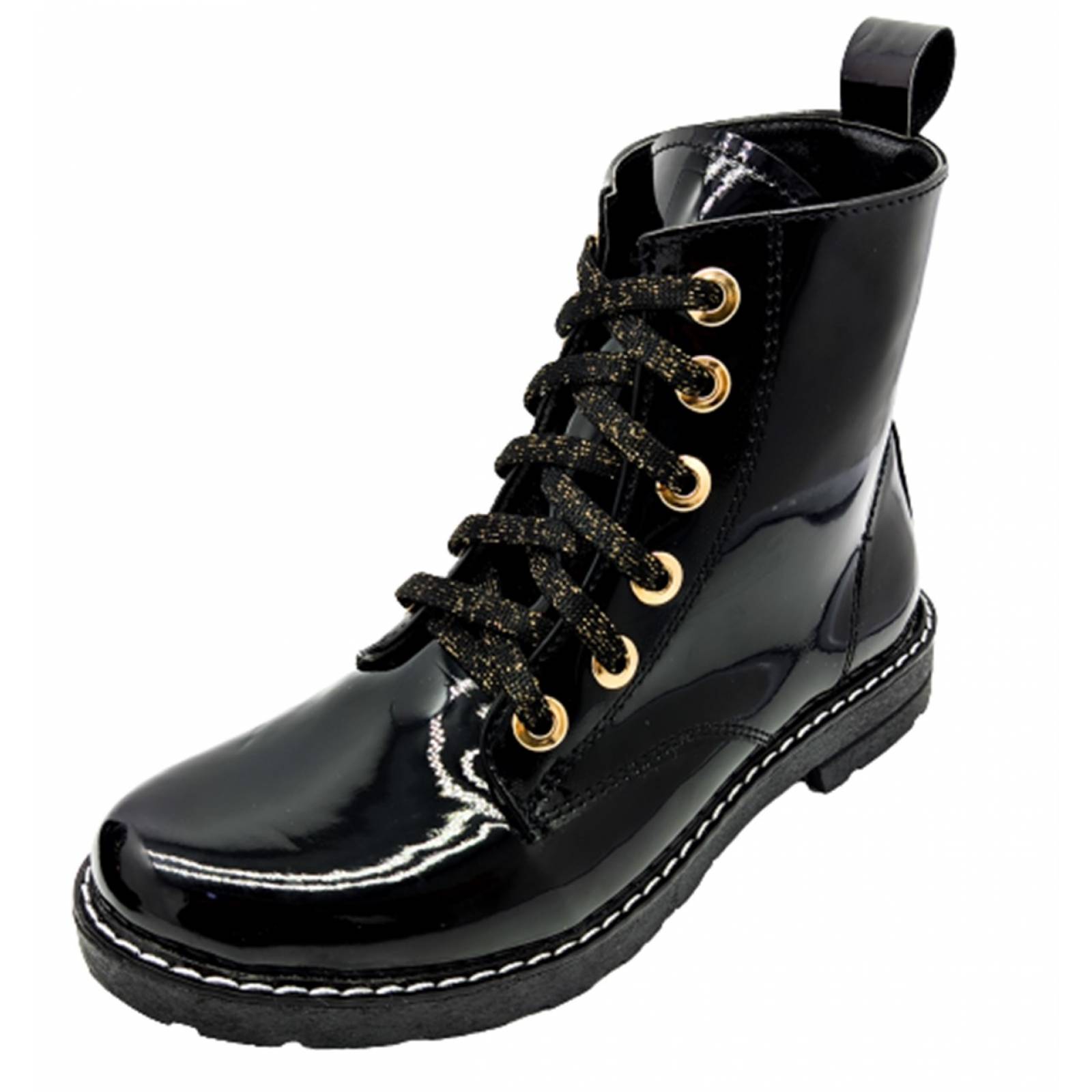 Botas Niña Rockera Combat Charol Casual Botín 3041 Negro