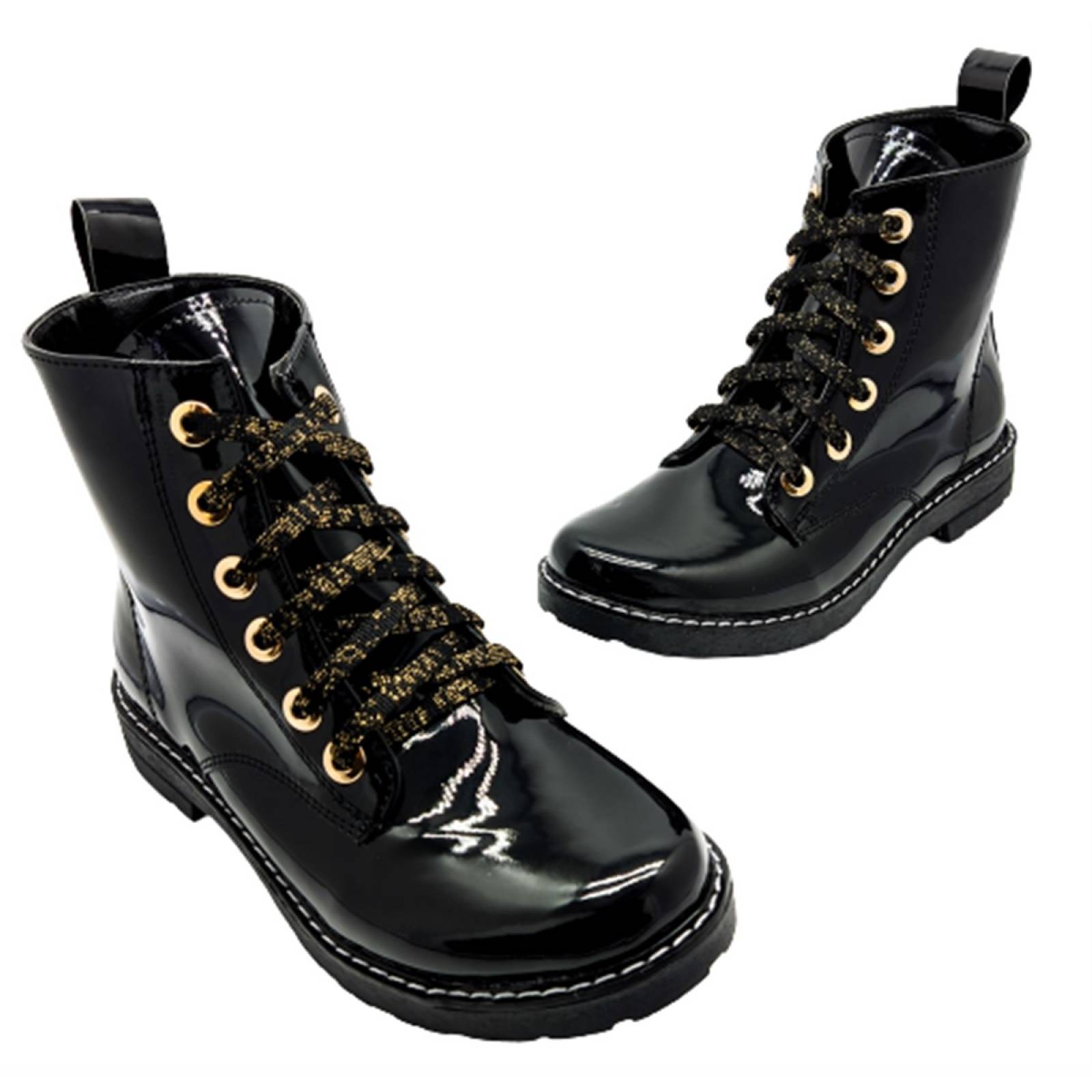 Botas Niña Rockera Combat Charol Casual Botín 3041 Negro