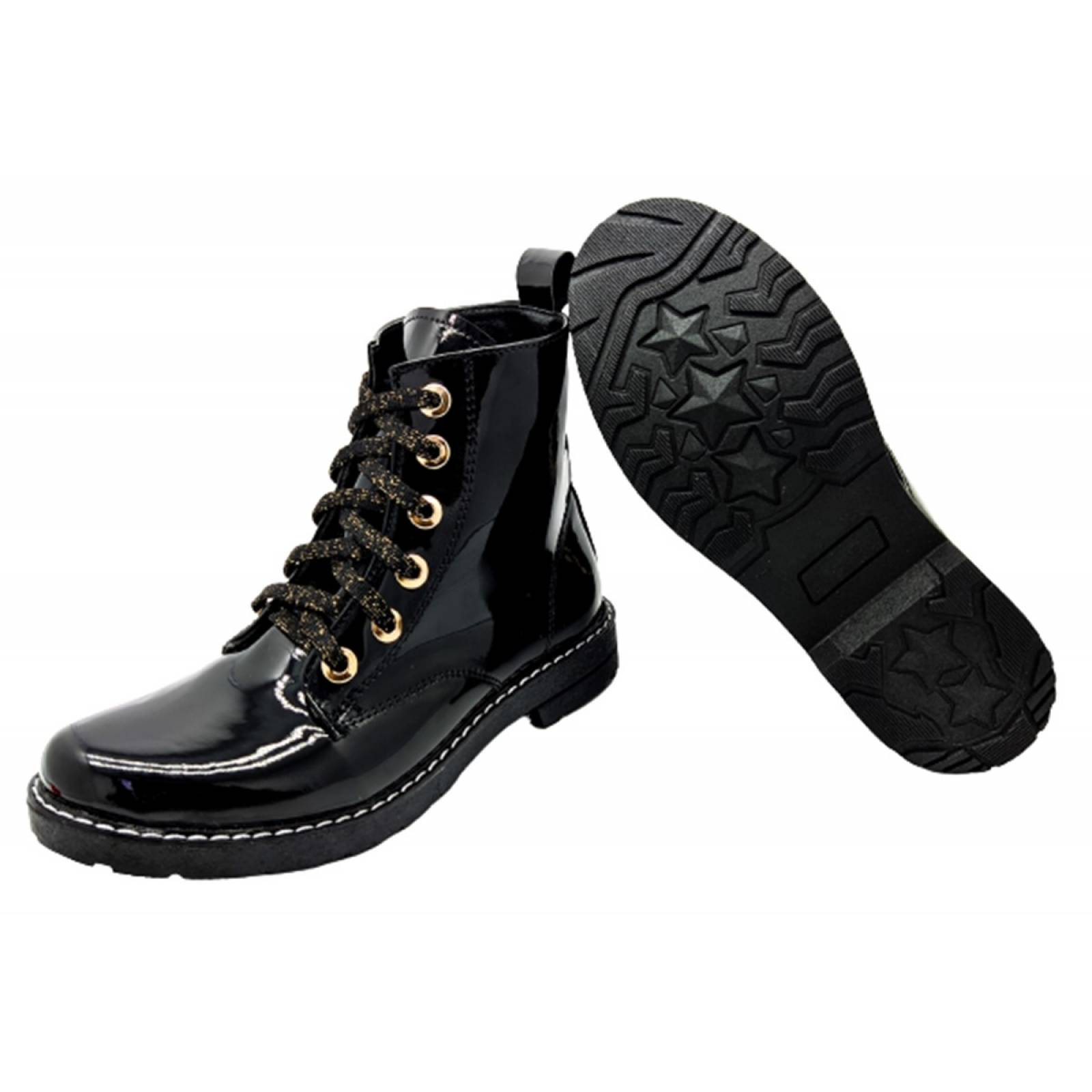 Botas Niña Rockera Combat Charol Casual Botín 3041 Negro