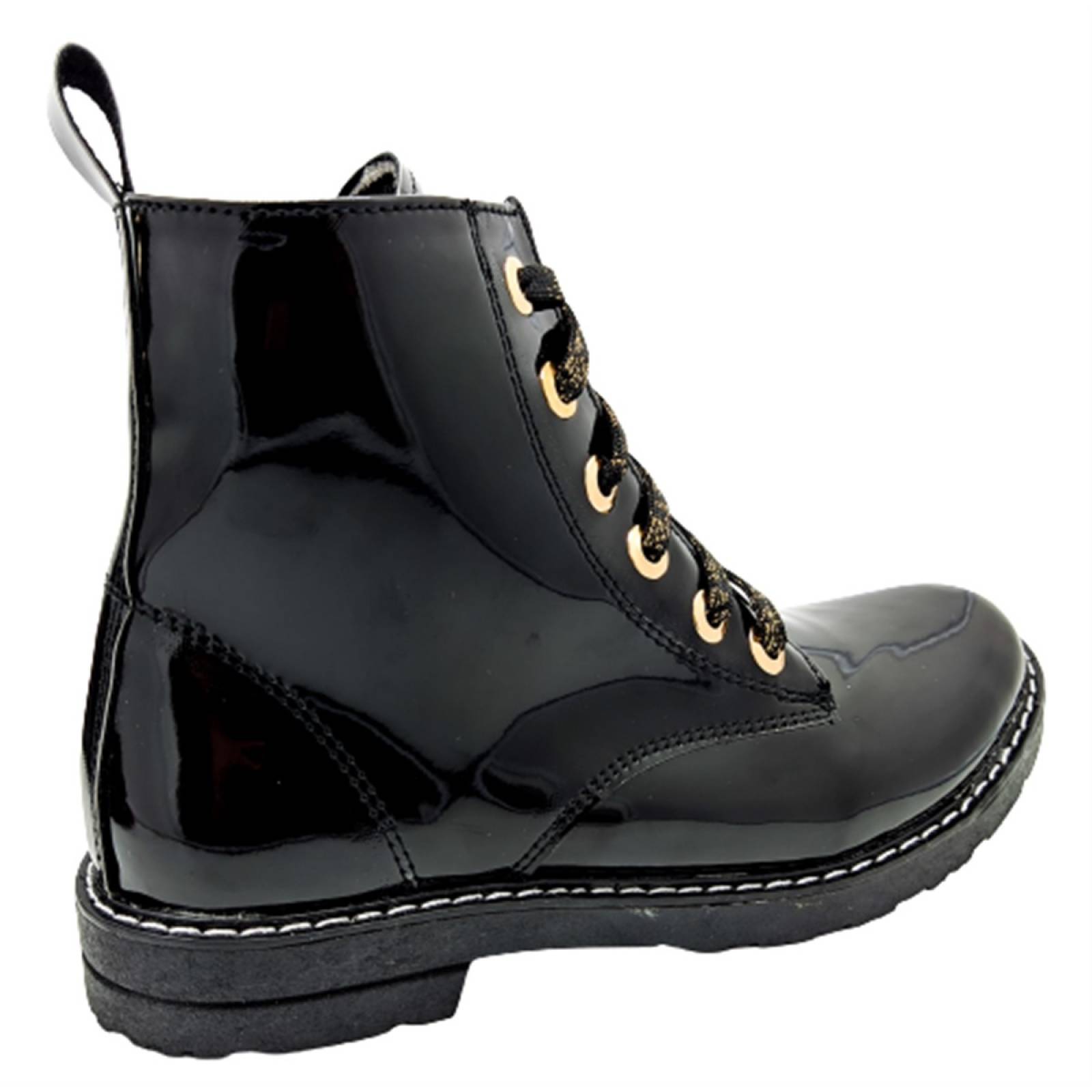 Botas Niña Rockera Combat Charol Casual Botín 3041 Negro