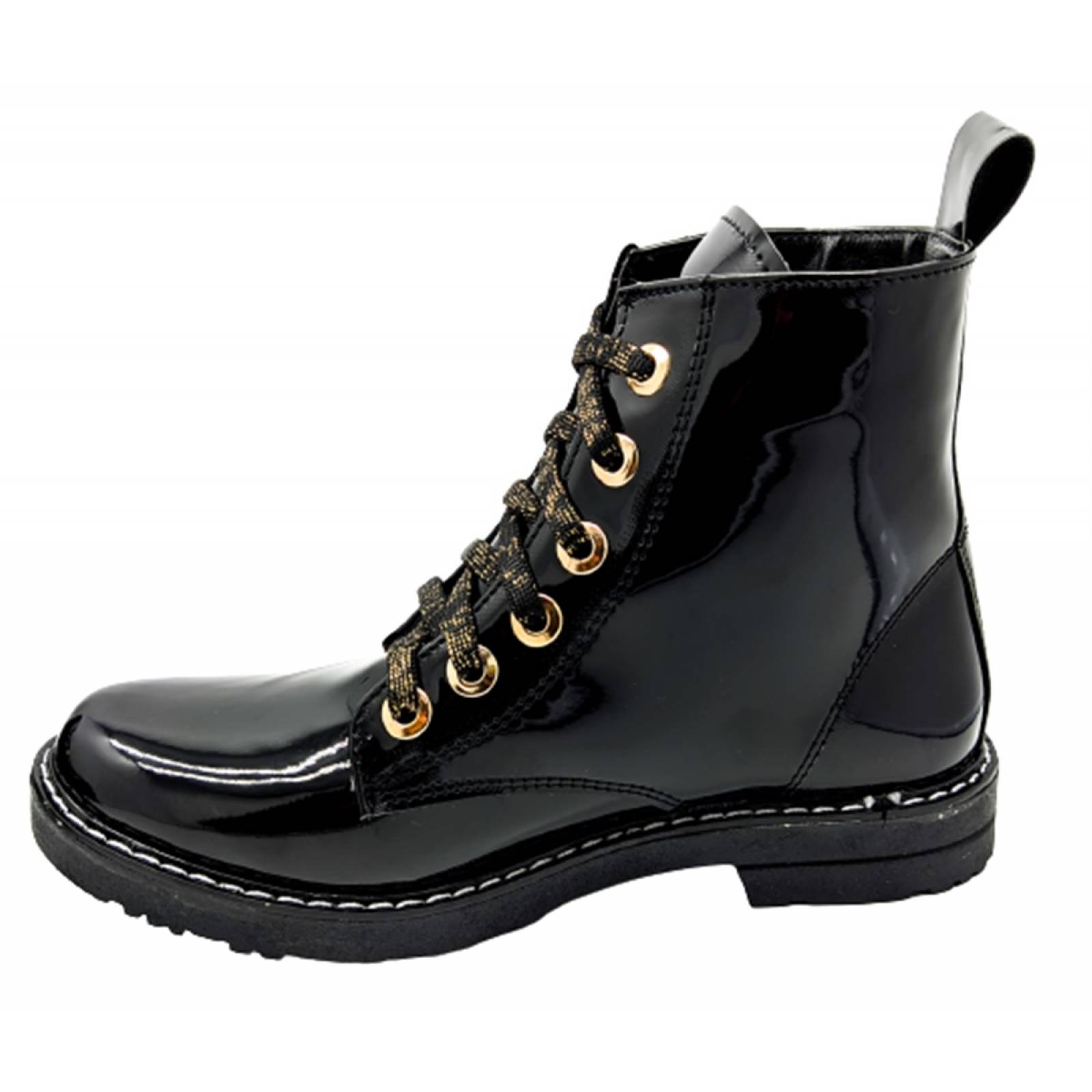 Botas Niña Rockera Combat Charol Casual Botín 3041 Negro