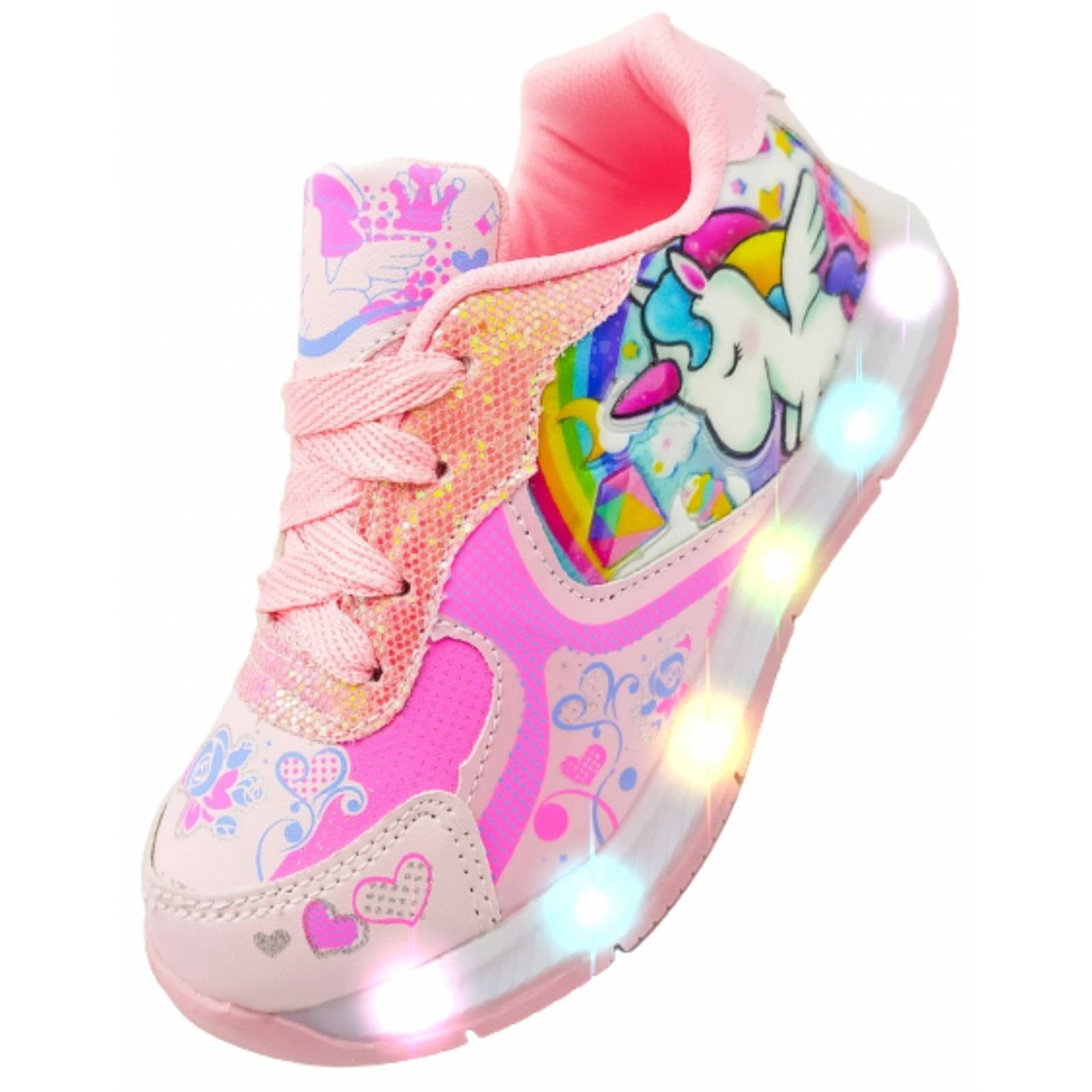 Tenis Unicornio Niña Luces Leds Corazon Arcoiris Rosa 630-RP (12.0 - 21.5).