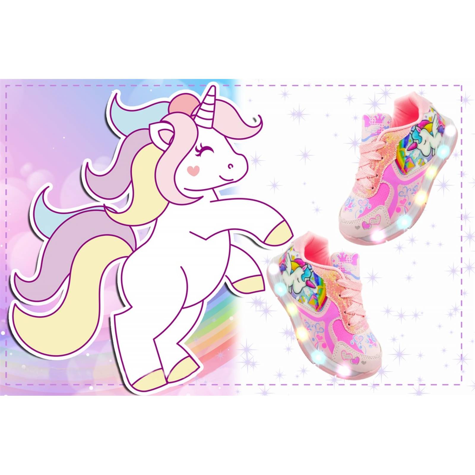 Tenis Unicornio Niña Luces Leds Corazon Arcoiris Rosa 630-RP (12.0 - 21.5).