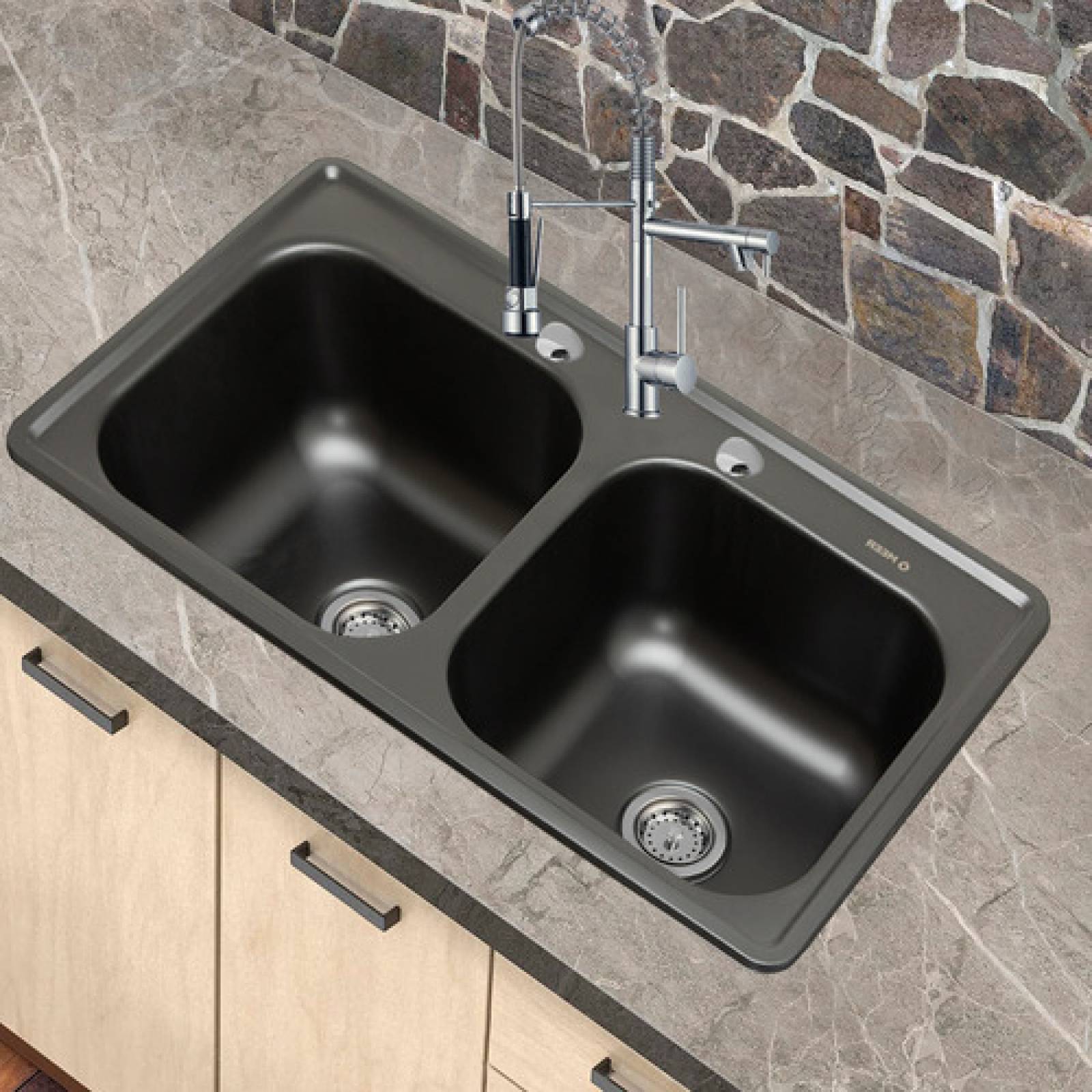 Tarja Doble de Acero Inoxidable en color Negro Mate, incluye Mezcladora Premium y Kit de Instalación (Fregadero de cocina)