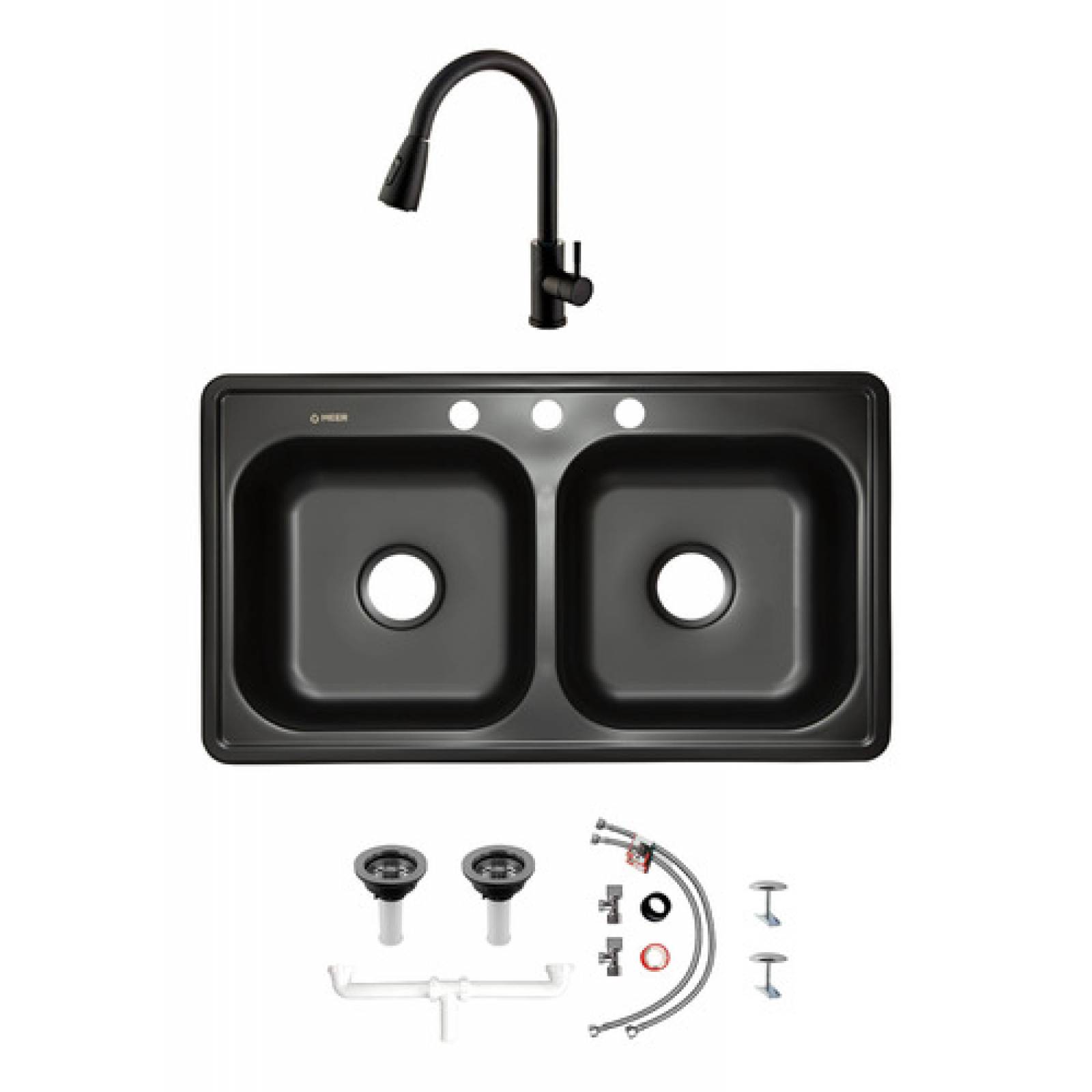 Tarja Doble de Acero Inoxidable color Negro Mate (84 cm x 48 cm) incluye Mezcladora y Kit de Instalación
