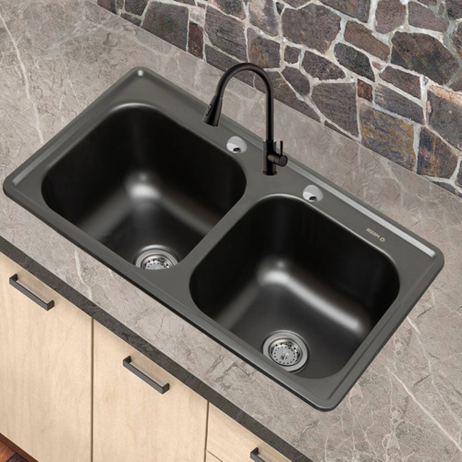 Tarja Doble de Acero Inoxidable color Negro Mate (84 cm x 48 cm) incluye Mezcladora y Kit de Instalación