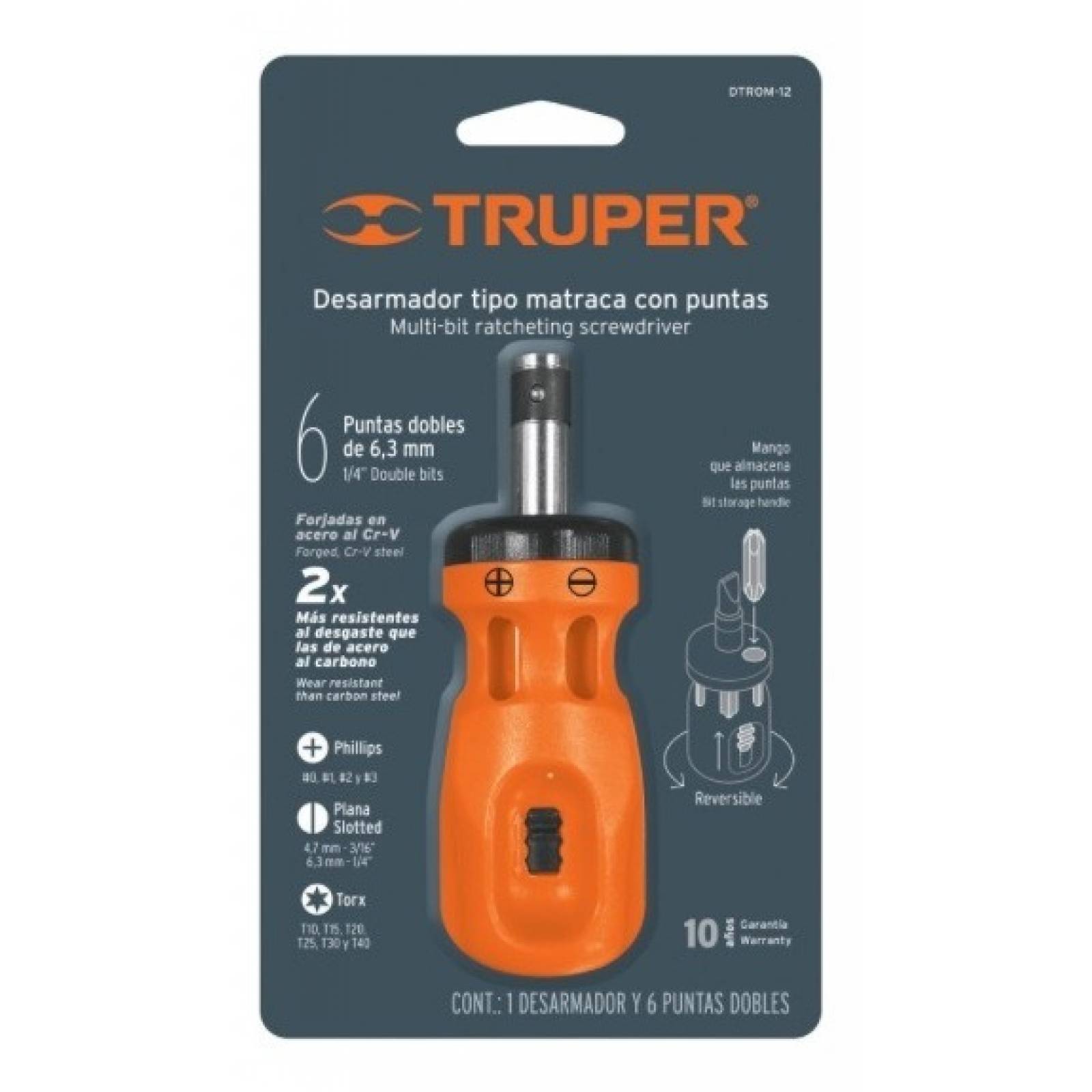 10494 Truper Desarmador Trompo Matraca 6 Puntas Dobles