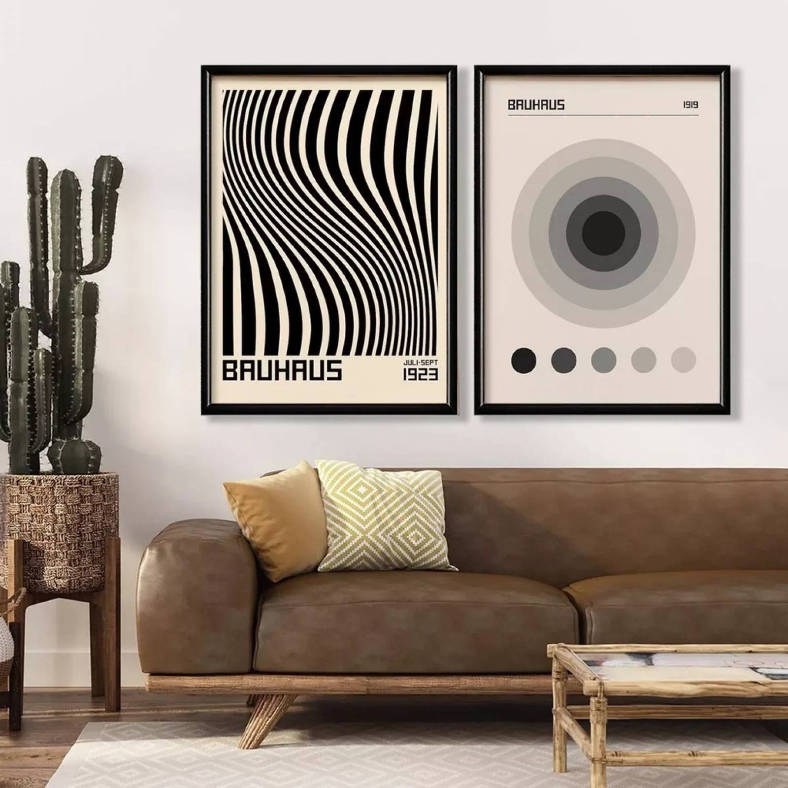 Set 2 Cuadros Bauhaus Blanco Y Negro Ecléctico Marco Madera