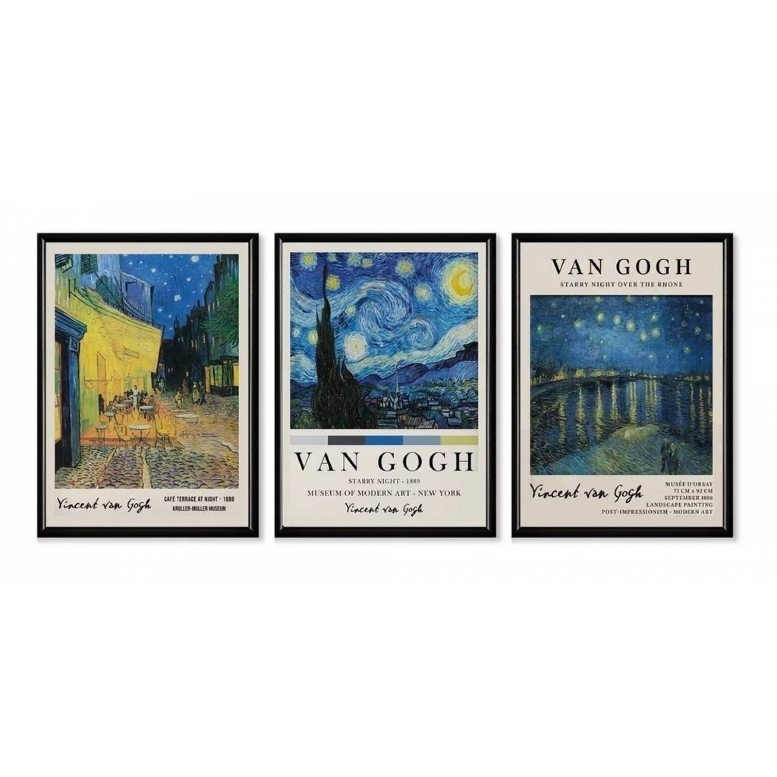 Set 3 Cuadros Van Gogh Museo Noche Estrellada Marco Madera